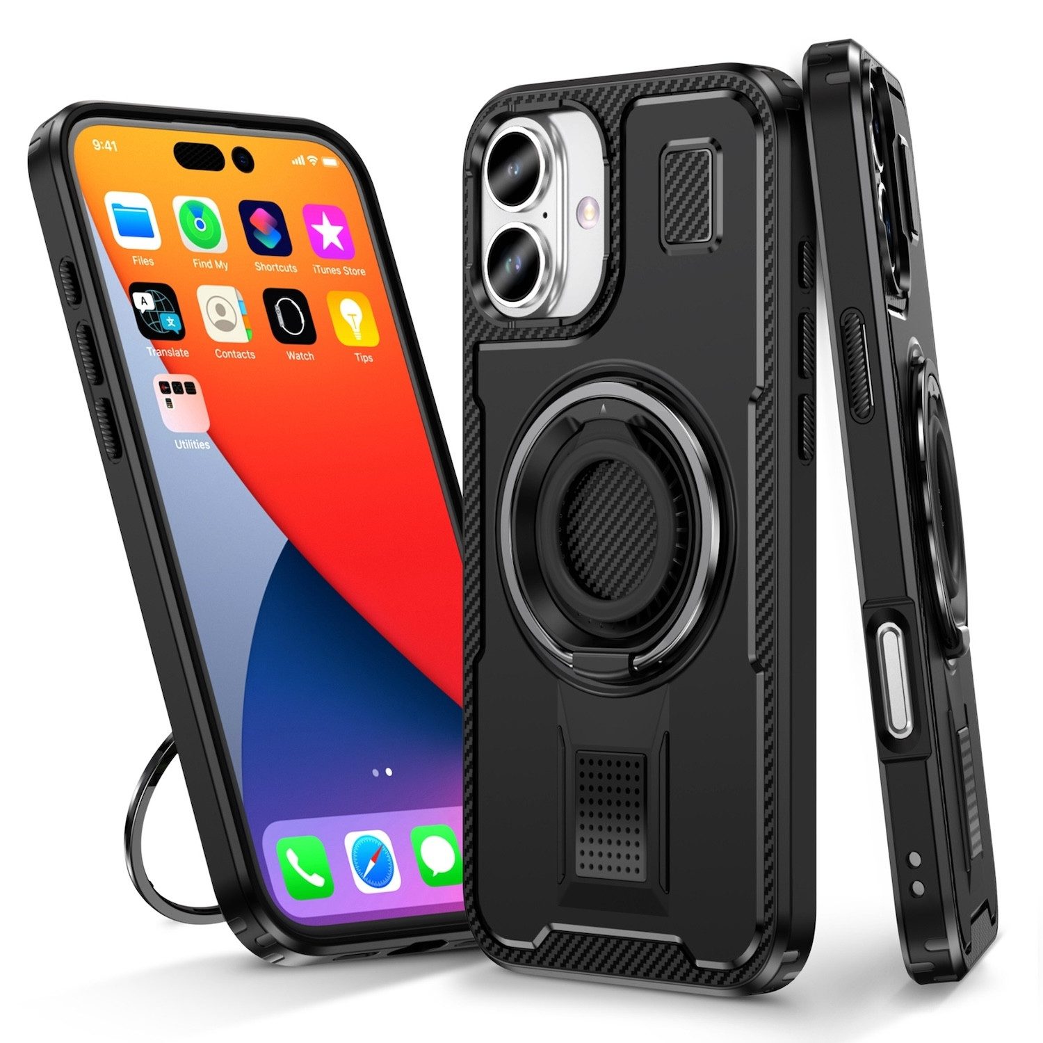 Wigento Handyhülle Für Apple iPhone 16 Ringhalter Carbon Design Hybrid TPU Hülle Schwarz, Hybrid TPU Handyhülle mit Ringhalter und Standfunktion