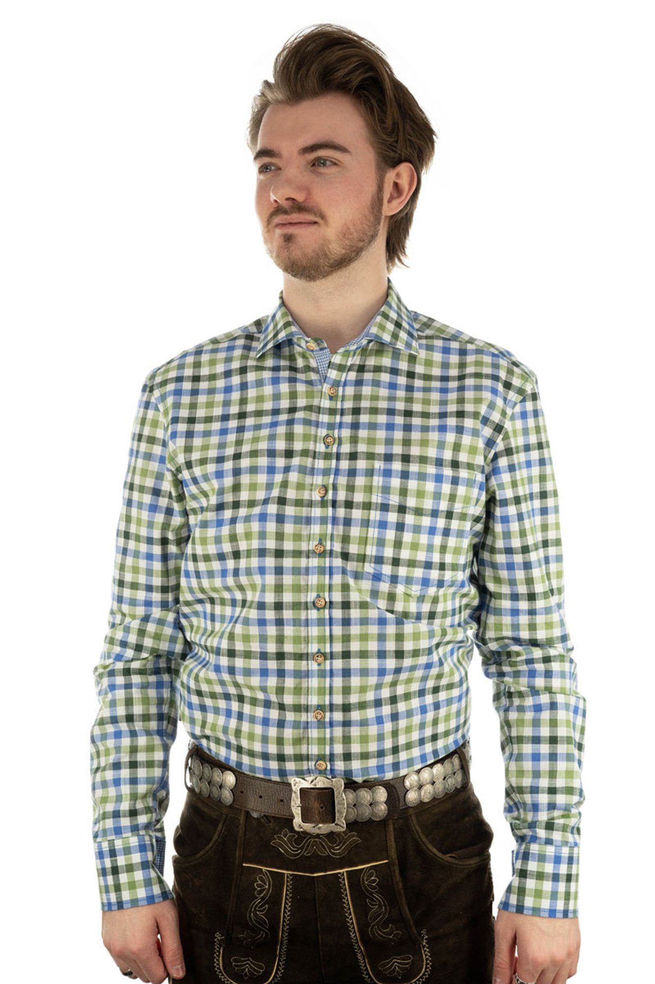und im der in Langarmhemd Junra OS-Trachten Kragen trachtengrün mit Manschette Kontraststoff Trachtenhemd