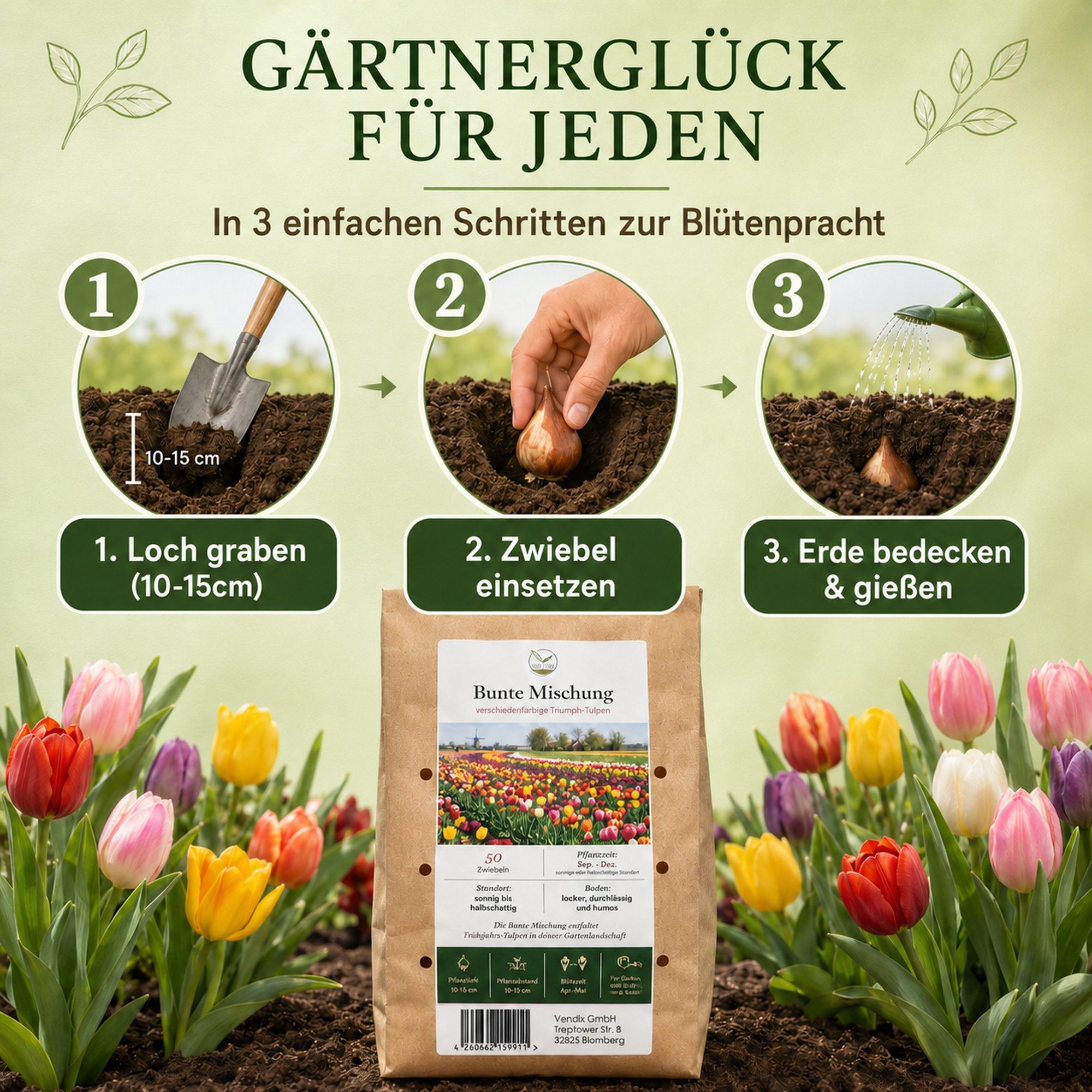 HappySeed Blumenzwiebeln 50 Stk, Tulpen & Frühlingsblüher, verschiedene Sorten, (Bunte Mischung, 50-St), Bunte Mischung – Bild 3 von 5