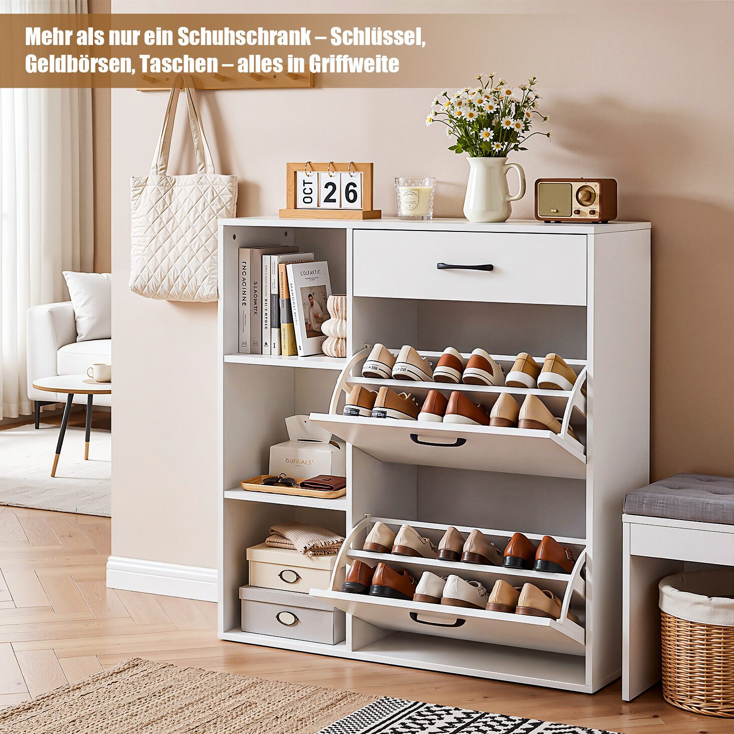 oyajia Schuhschrank Schuhkommode mit 2 Klappen,1 Schublade und 3 Ablagefächer (Schuhkommode Schuhkipper Schuhregal für 12 Paar, B 80 x H 90x T 30 cm) – Bild 4 von 5