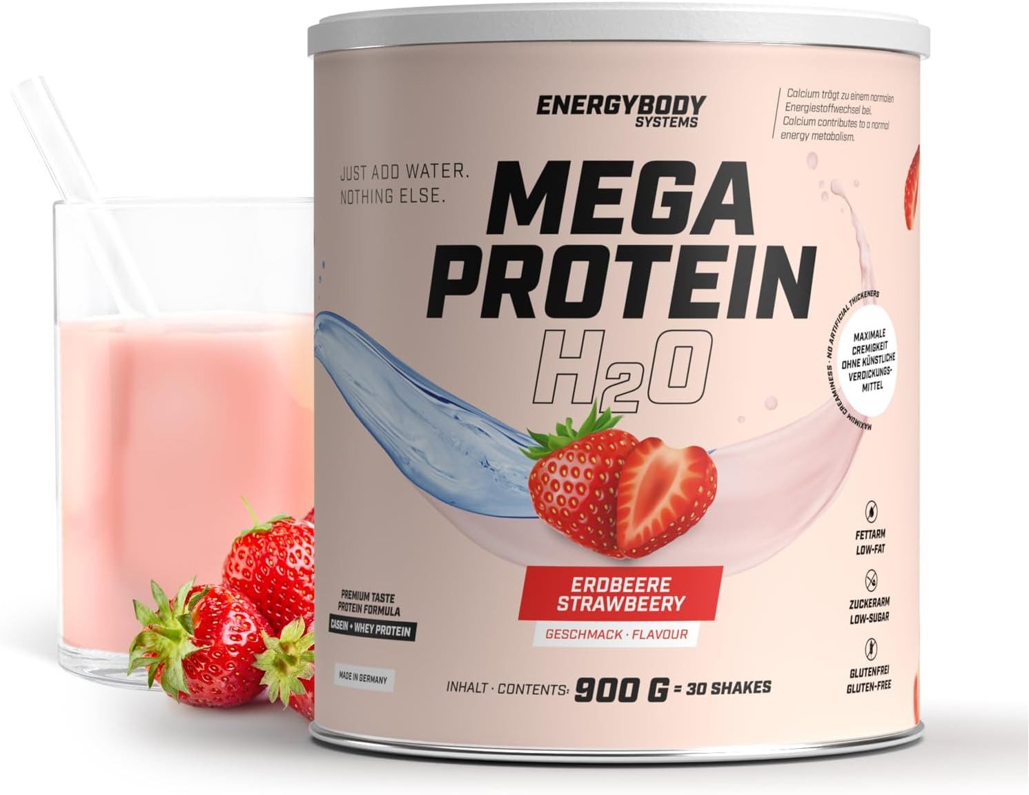 Energybody Systems Mega Protein H2O, für Wasser optimiertes Eiweiss Pulver, ohne künstliche Verdickungsmittel, zuckerarm. glutenfrei, 900 g