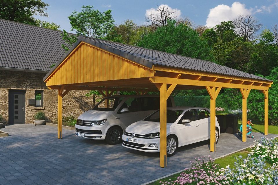 Skanholz Doppelcarport Fichtelberg, BxT: 618x808 cm, 574 cm Einfahrtshöhe,  mit Dachlattung, Satteldach-Carport, farblich behandelt in eiche hell