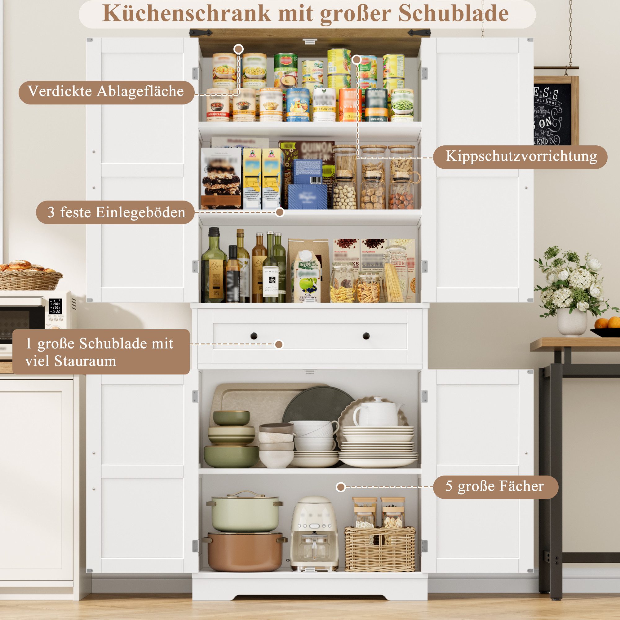 HOMECHO Küchenbuffet 180 cm Hoch Küchenschrank mit 4 Türen und Schubladen – Bild 5 von 5
