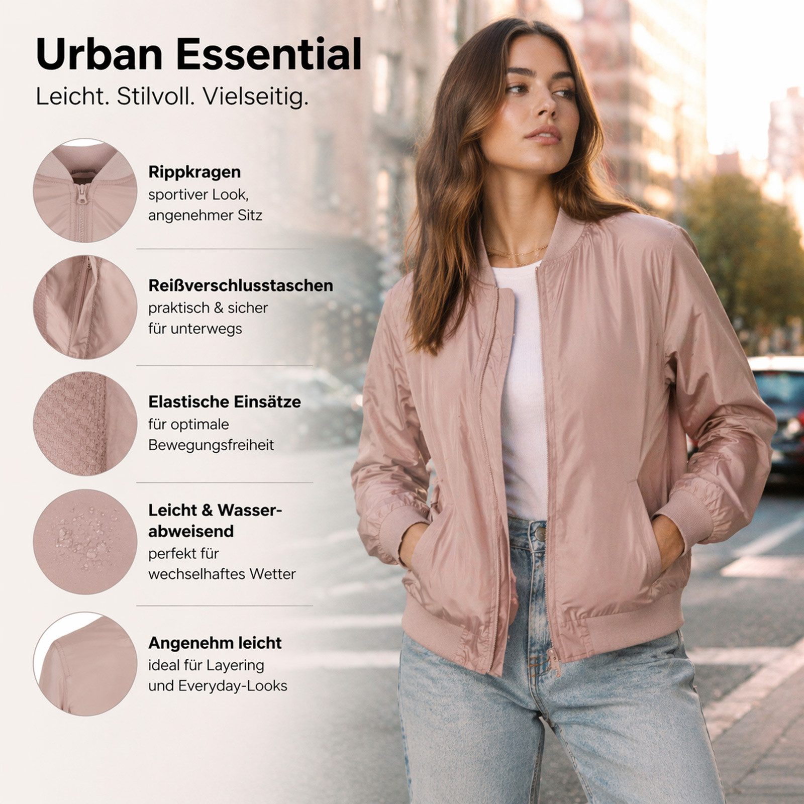 urbandreamz Bomberjacke Damen leichte Bomberjacke Jacke Sommer Frühling Übergangsjacke Seitentaschen, wasserabweisend, waffelartige seitliche Einsätze – Bild 5 von 5
