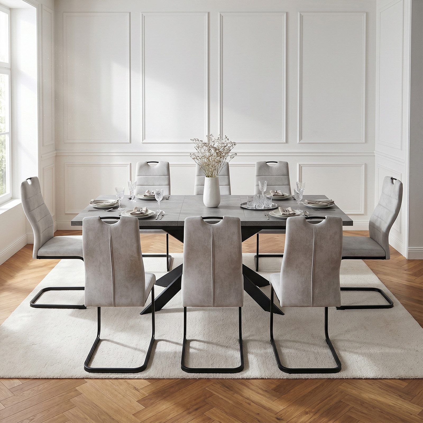 Jiexi Essgruppe Tisch-und Stuhlset, Ausziehbarer Esstisch (160–200 cm) mit 6-8 Stühlen