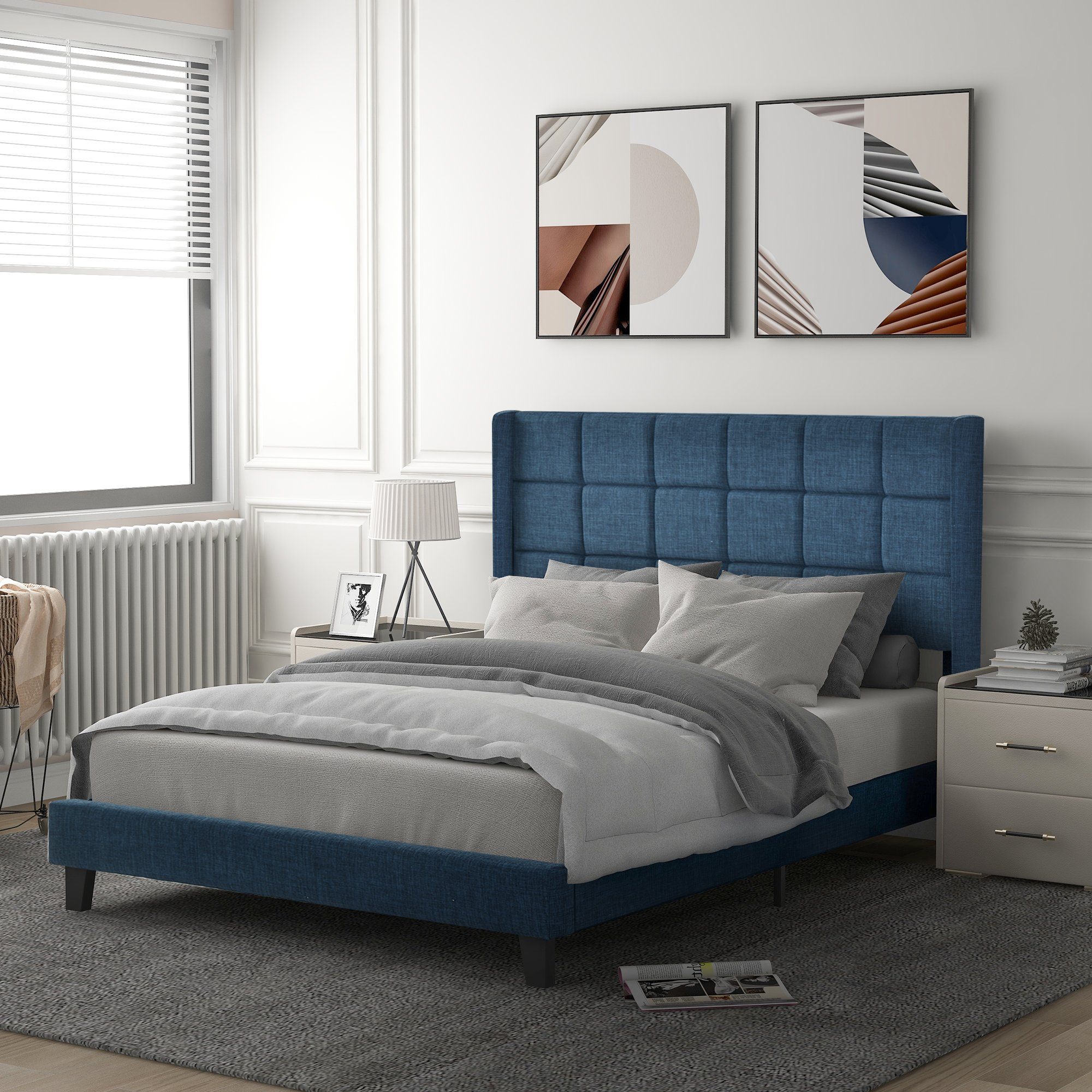 Polsterbett (Doppelbett), Holzbett 140x200cm, Lattenrost aus Holz, Gepolstertes Kopfteil, Leinen