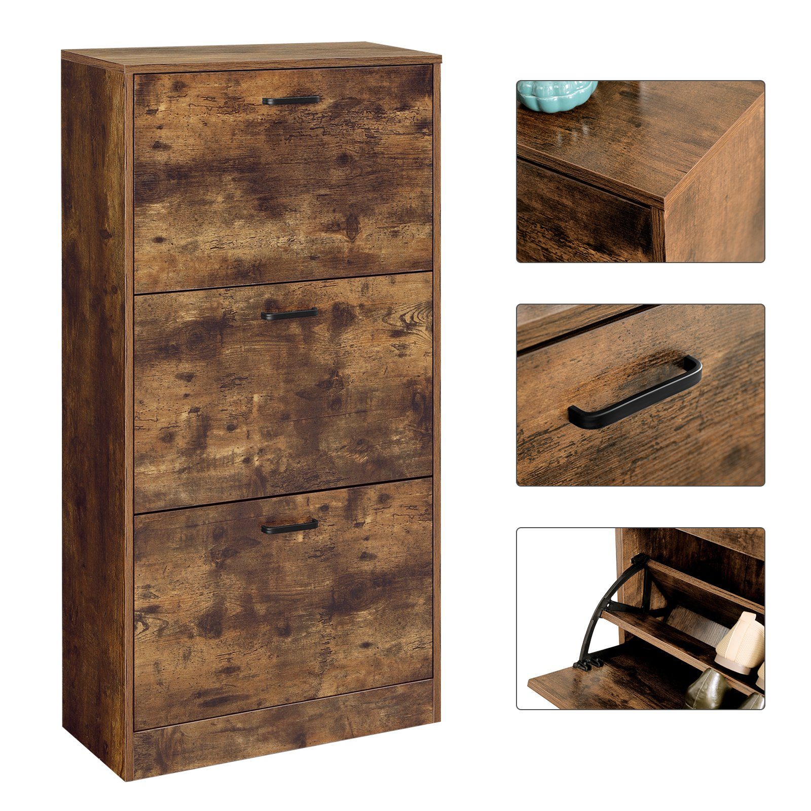 VASAGLE Schuhschrank Schuhregal mit 3 Klappen, Schuhkipper, Trennwände verstellbar für 12-18 Paar Schuhe, 60 x 24 x 120 cm – Bild 5 von 5
