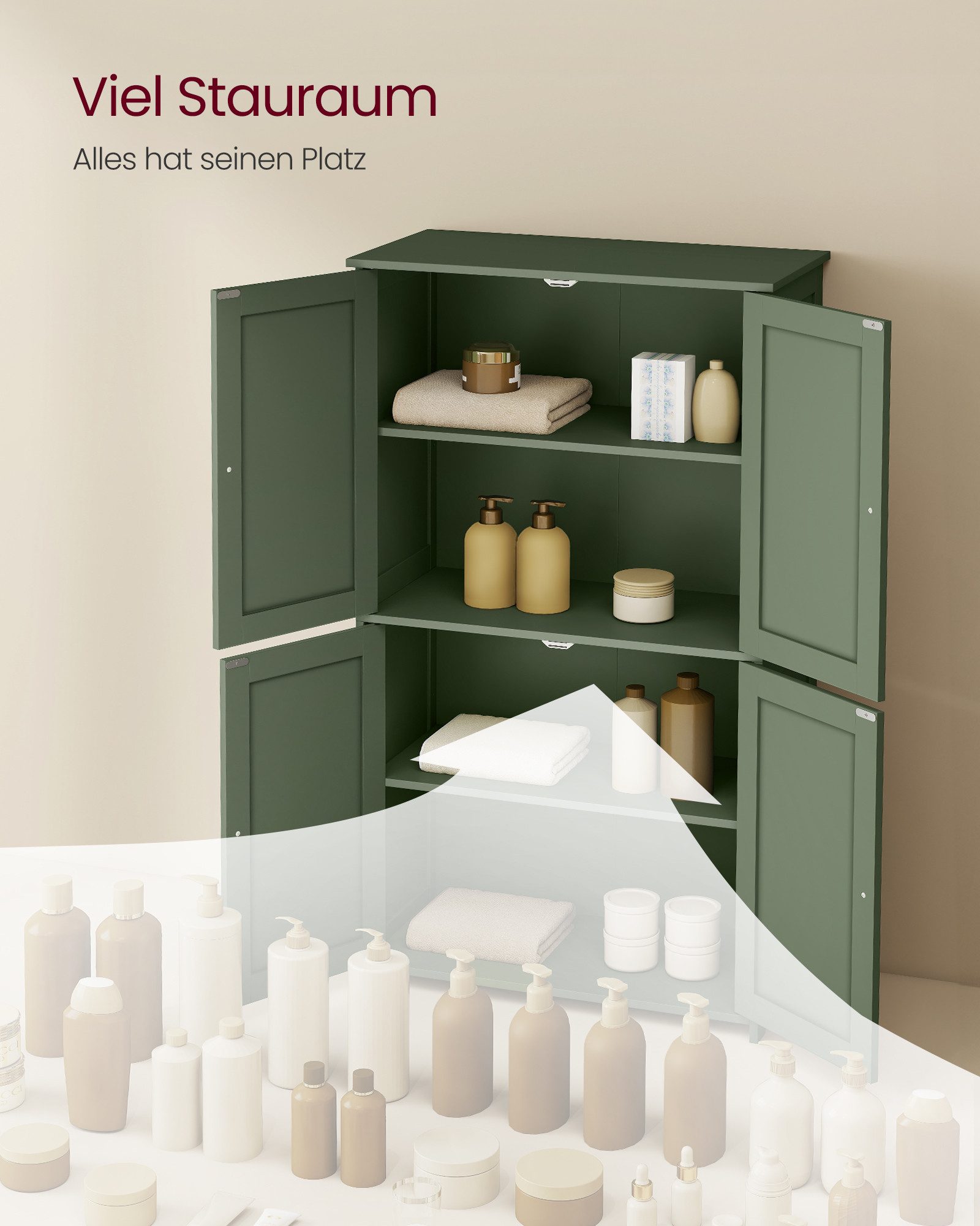 VASAGLE Badkommode, 4 Türen, Badezimmerschrank mit höhenverstellbaren Einlegeböden