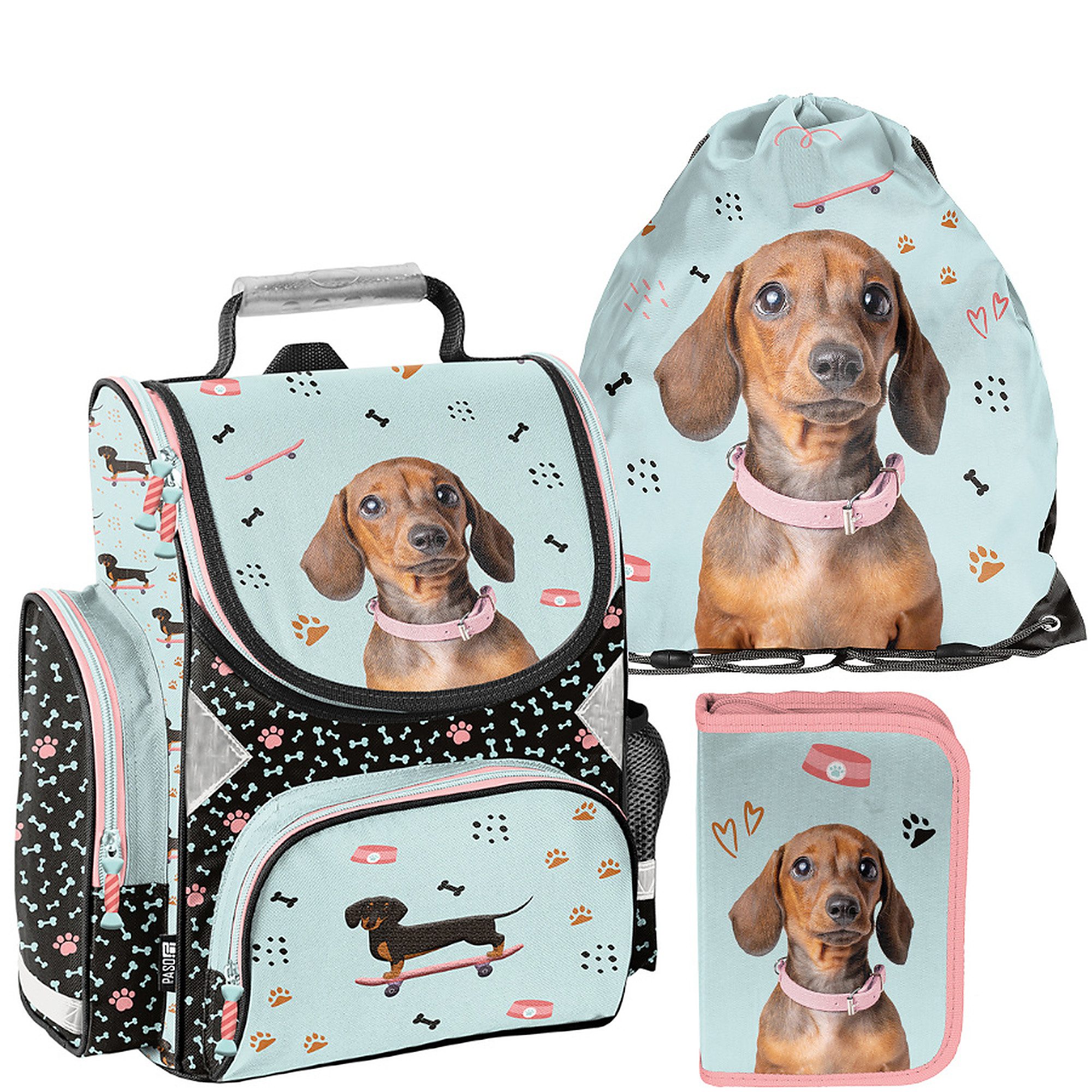 PASO Schulrucksack (Schulset, 3-tlg), Dackel, 3-tlg. Set