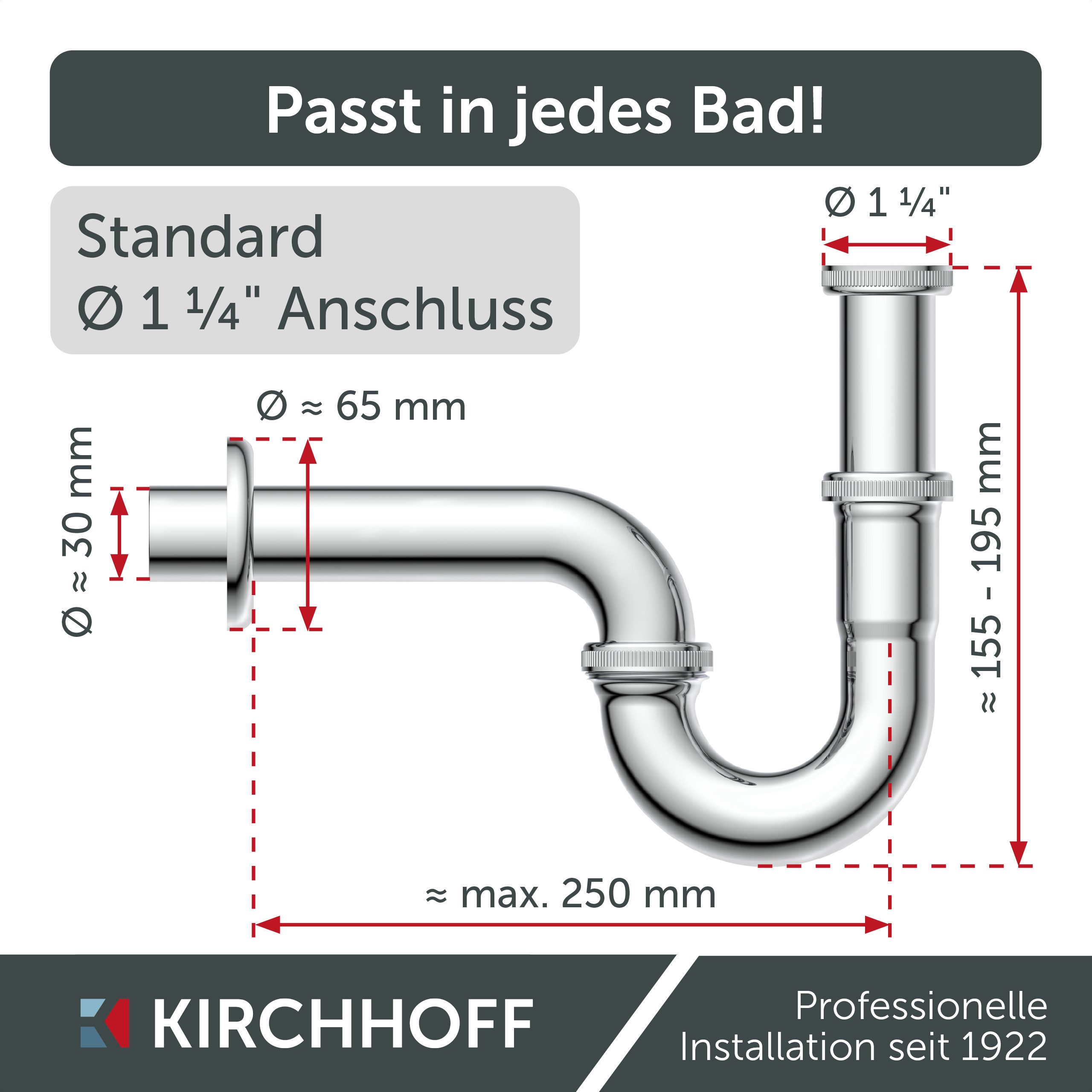 Kirchhoff Siphon Röhrensiphon, Chrom, 1 1/4" x 32 mm