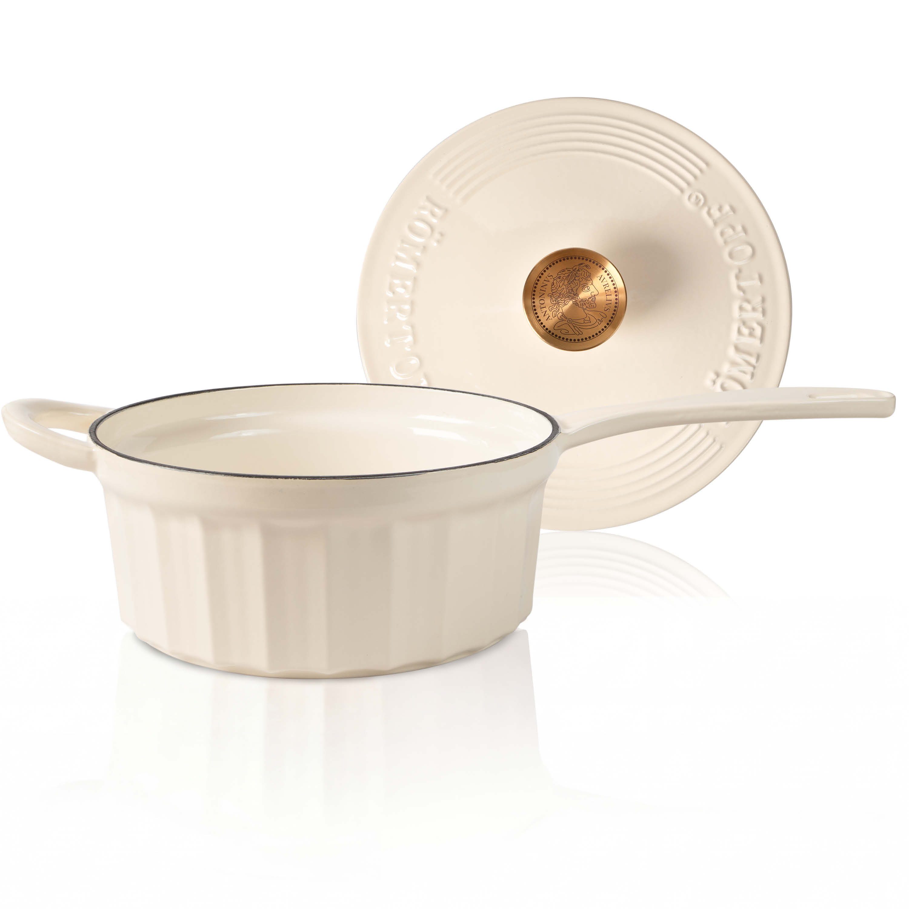 RÖMERTOPF Bratentopf Gusseisen Stielkasserolle 22cm Creme, Gusseisen (Set, 2-tlg., Set mit Deckel), Gleichmäßige Hitze, alle Herdarten, Backofenfest bis 250 °C