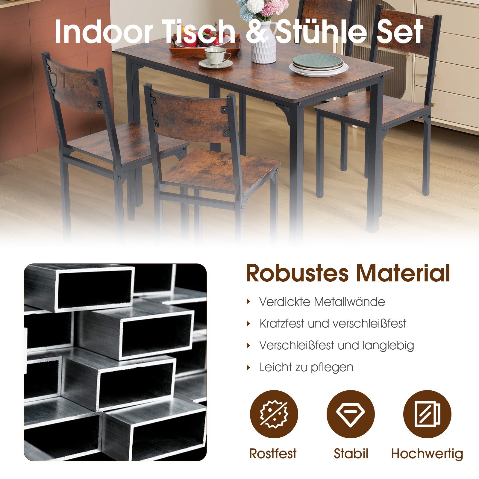 Sunsitt Essgruppe 5-Teiliges Esstisch Set mit Stühle, (Metallgestell Sitzgruppe, Küchetisch mit Stühlen, Essgruppe für Esszimmer, Wohnzimmer), Vintagebraun (2 P – Bild 5 von 5