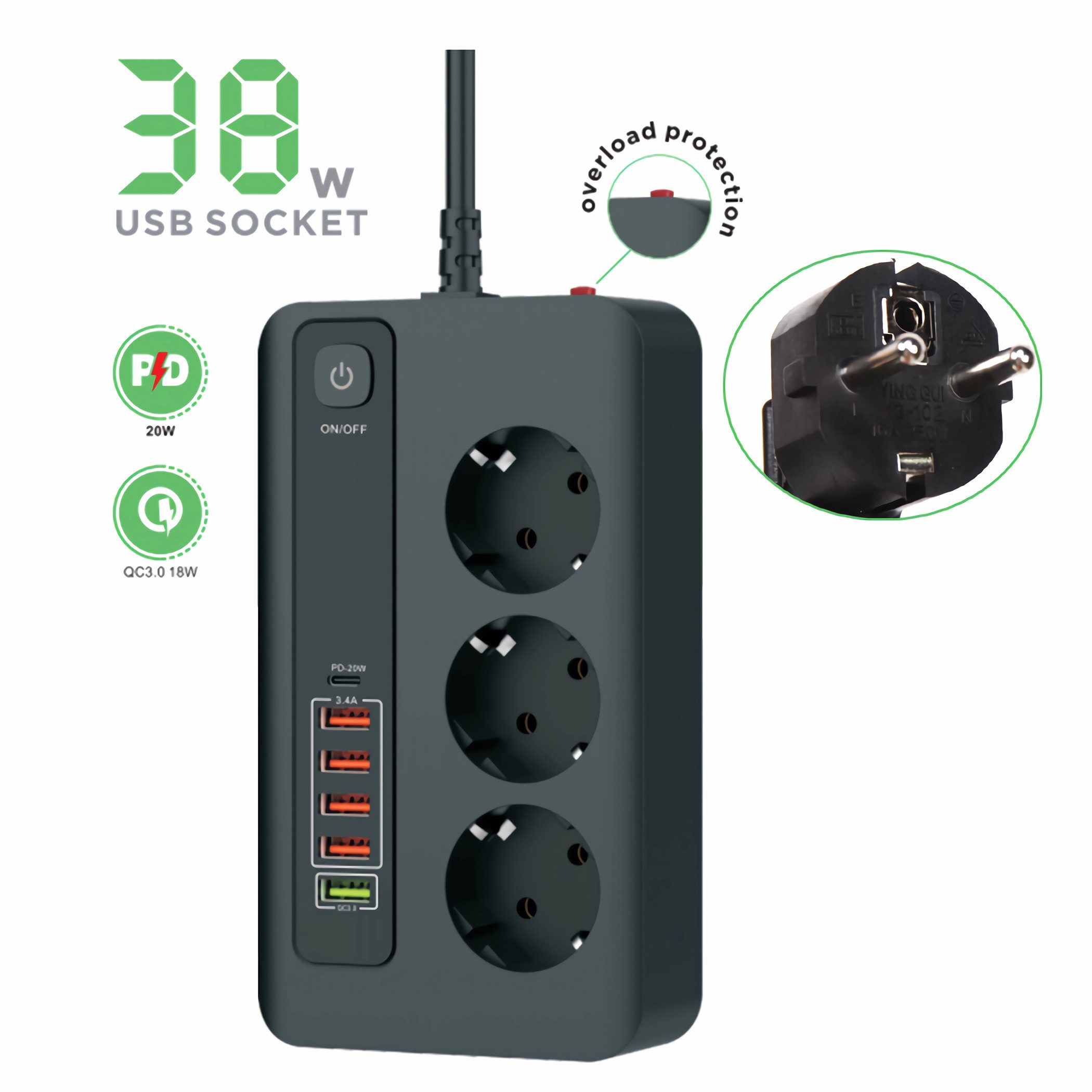 Bolwins D76C Ladegerät Steckdosenleiste Tischsteckdose Steckdose USB-A USB-C Universal-Netzteil (9-in-1 Steckdosenleiste mit 3 Schuko-Steckdosen)