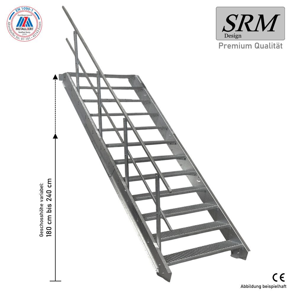 SRM Design Außentreppe 12 Stufen Stahltreppe 100cm Breite, Höhe 180-240cm, 1x Geländer Rund