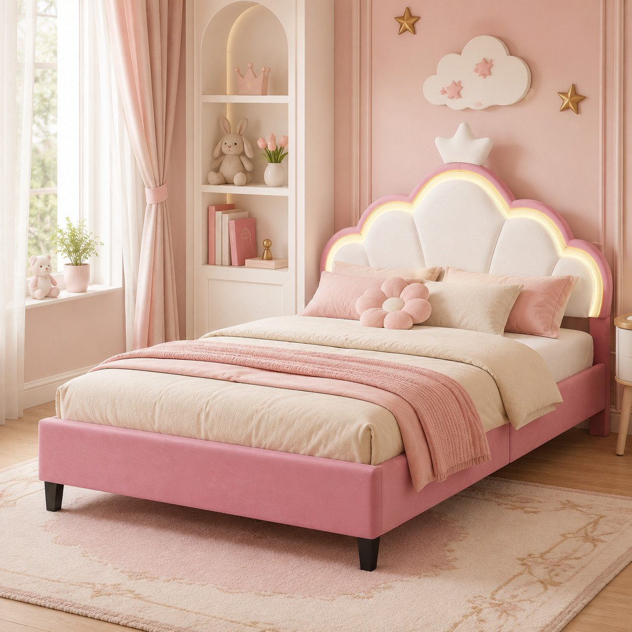 Simurq Kinderbett Prinzessinbett 140x200 cm, Krone & LED, verstellbares Kopfteil. (Bettgestell ohne Matratze, 2-tlg., Bettgestell ohne Matratze), Kronen-Design, verstellbares Kopfteil.