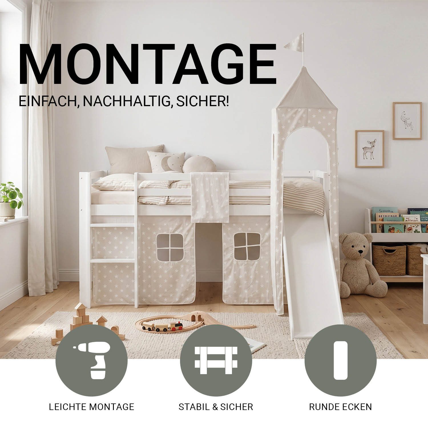 Homestyle4u Hochbett 90x200 Weiß mit Vorhang Sterne Grau für 1 Kind Kiefer Massiv Kinder (Komplett-Set mit Lattenrost, mit Rutsche, mit Turm, Matratze mit OEKO-TEX® Standard 100) Junge, Mädchen, Spielbett