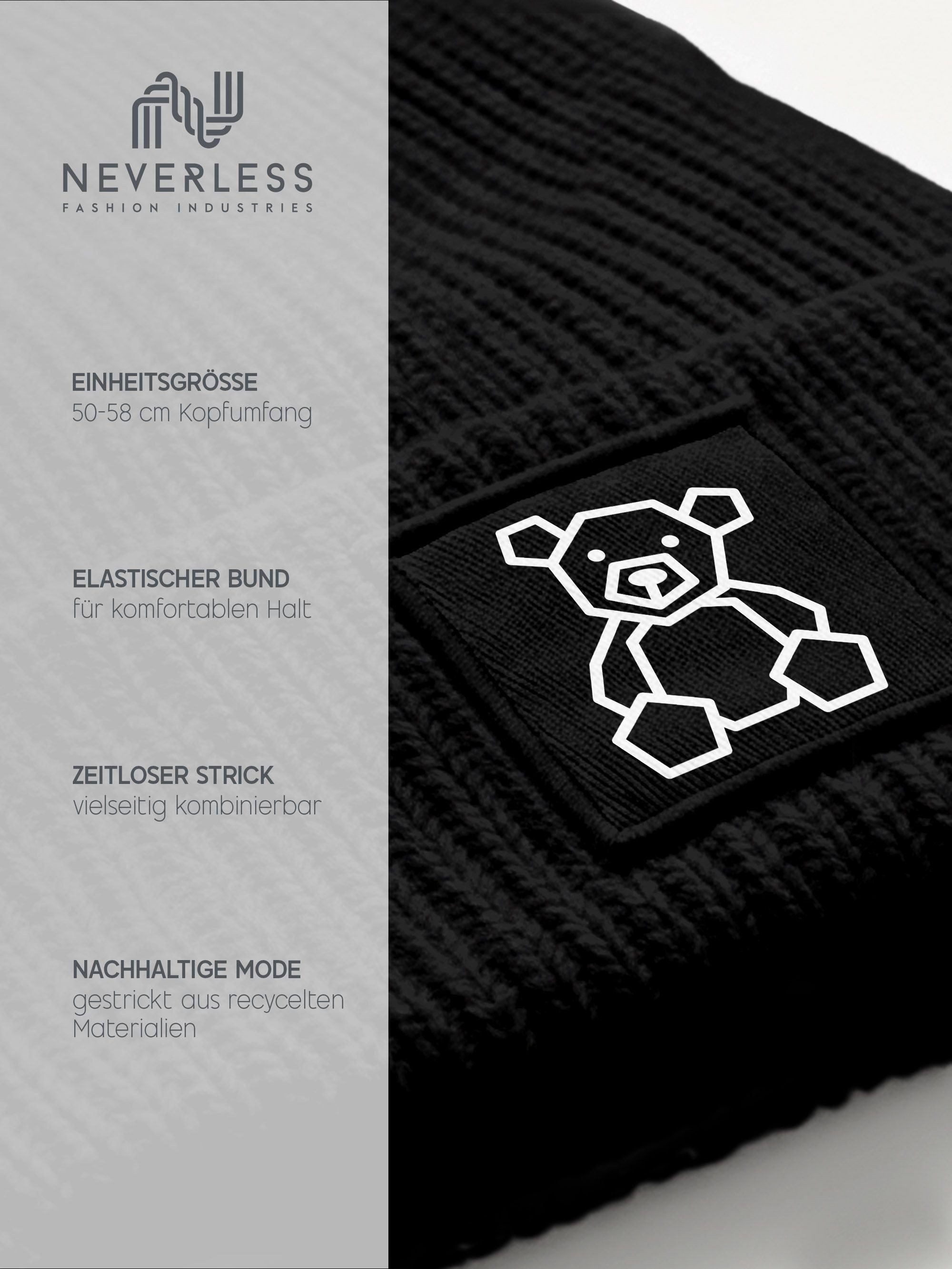 Neverless Strickmütze Damen Beanie Patch Polygon Teddy Bär Aufdruck Print Wintermütze