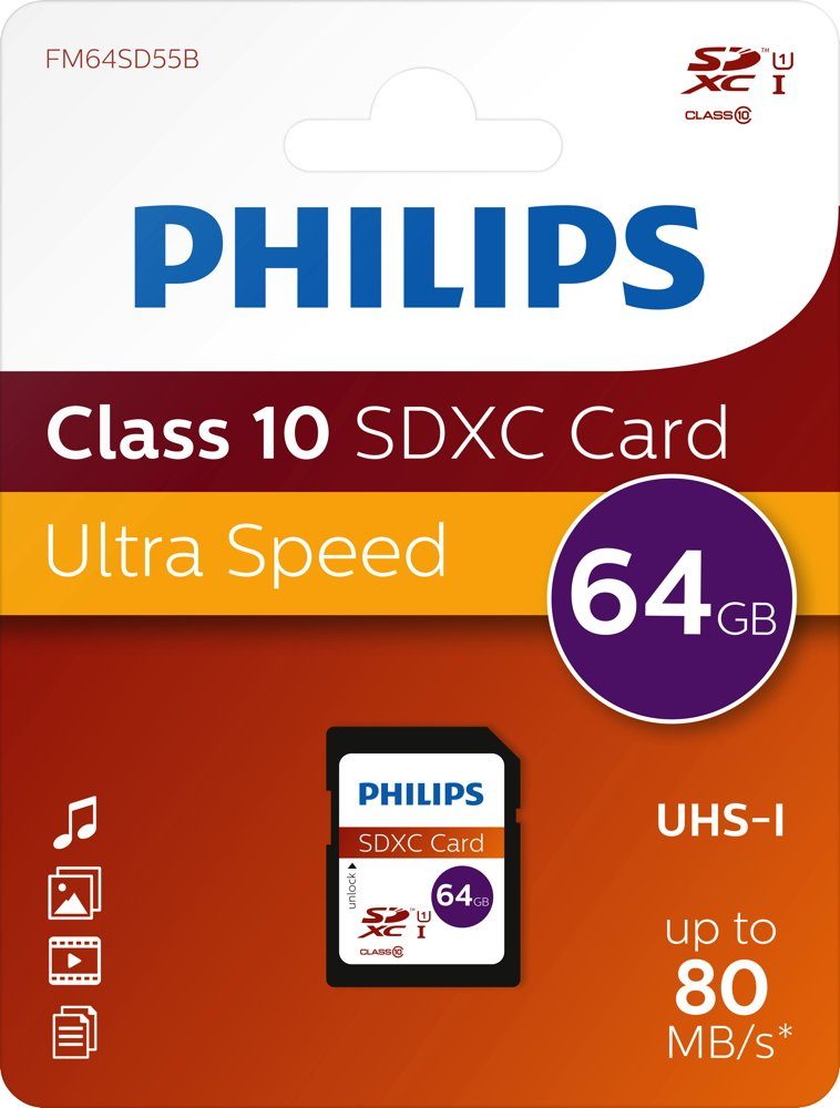 Philips SDXC Karte 64GB Speicherkarte UHS-I U1 Class 10 Speicherkarte