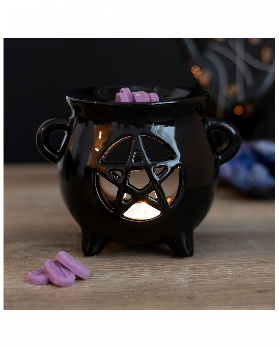 Horror-Shop Kerzenständer Schwarze Duftlampe als Hexenkessel mit Pentagramm