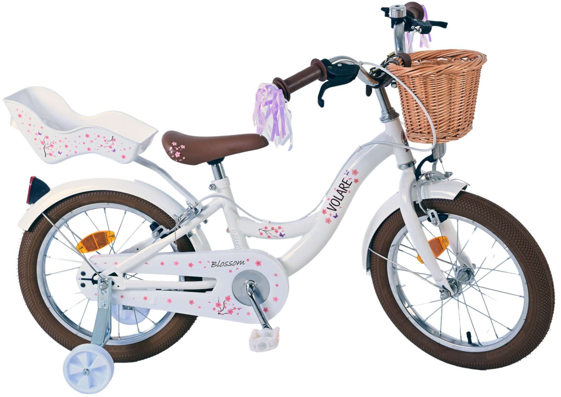 Volare Kinderfahrrad Volare Blossom - Mädchen - 16 Zoll - Weiß - Zweihandbremsen, Geschlossener Kettenschutz, abnehmbare Seitenräder