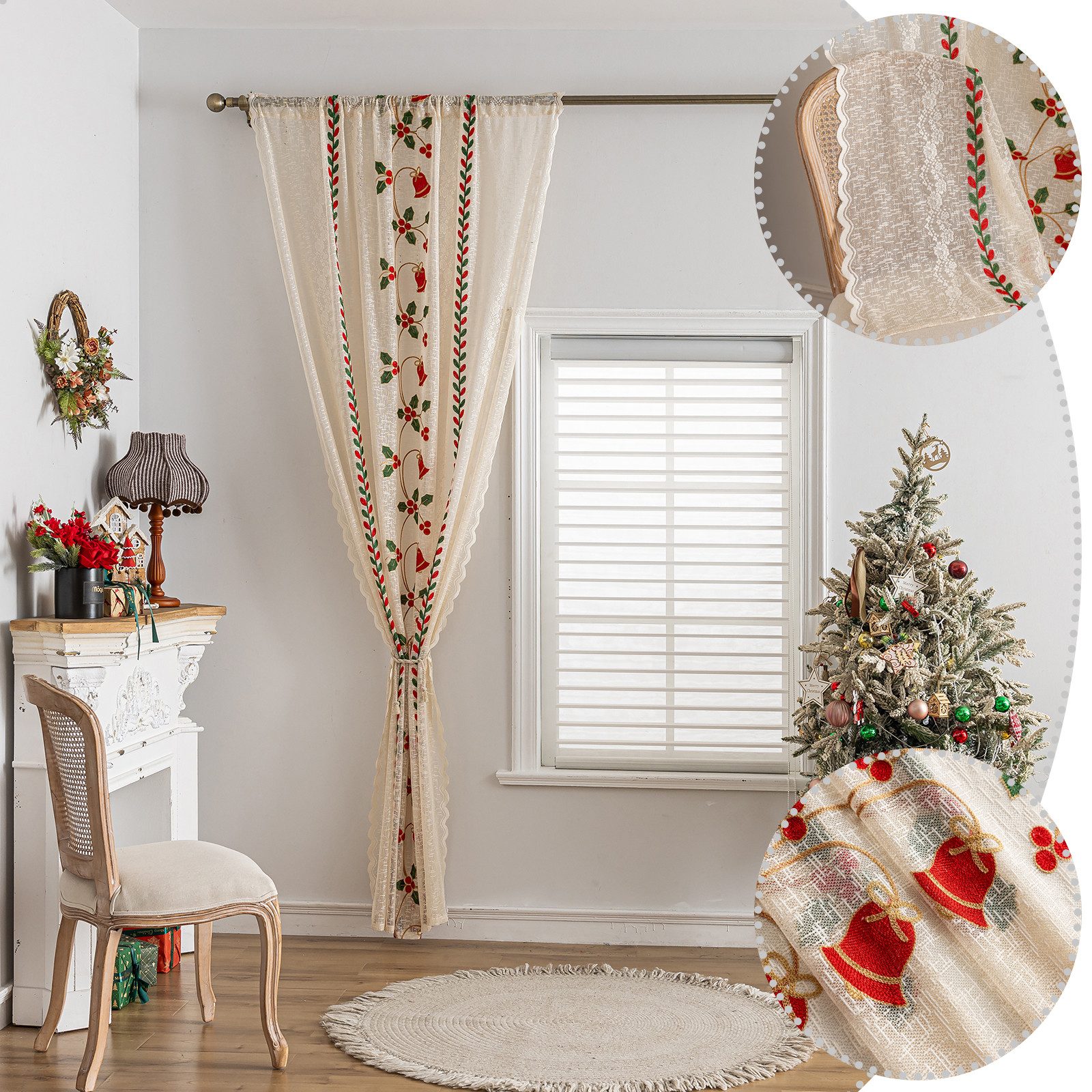 BTTO V&G Vorhang Creme Gaze Vorhang mit Weihnachtsstickerei,Transparenter G günstig online kaufen