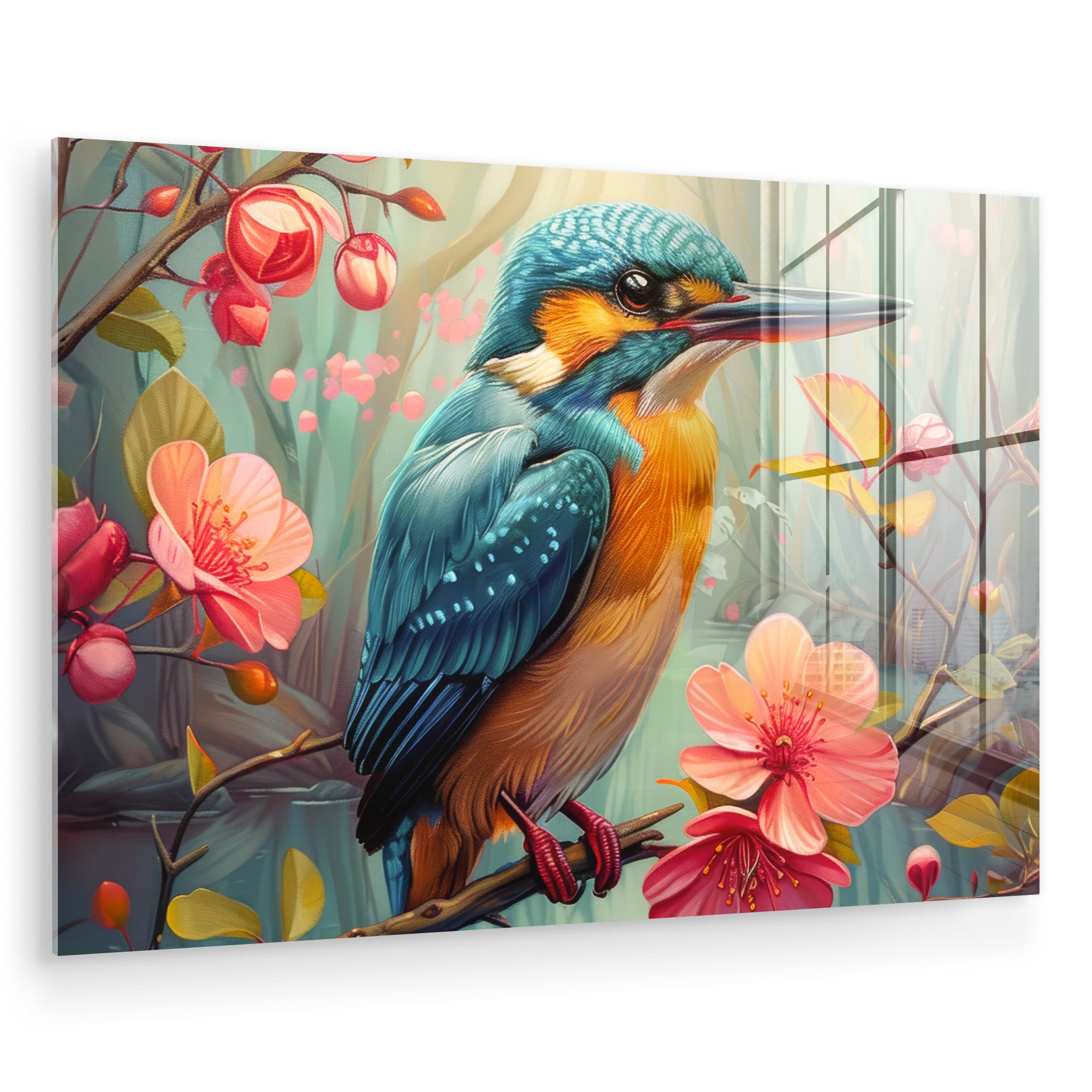 MuchoWow Acrylglasbild Eisvogel - Blüte - Natur - Vögel - Blumen, Inkl. Aufhängung, Glasbilder Wohnzimmer, Schlafzimmer, Flur & Esszimmer, 30x20 cm