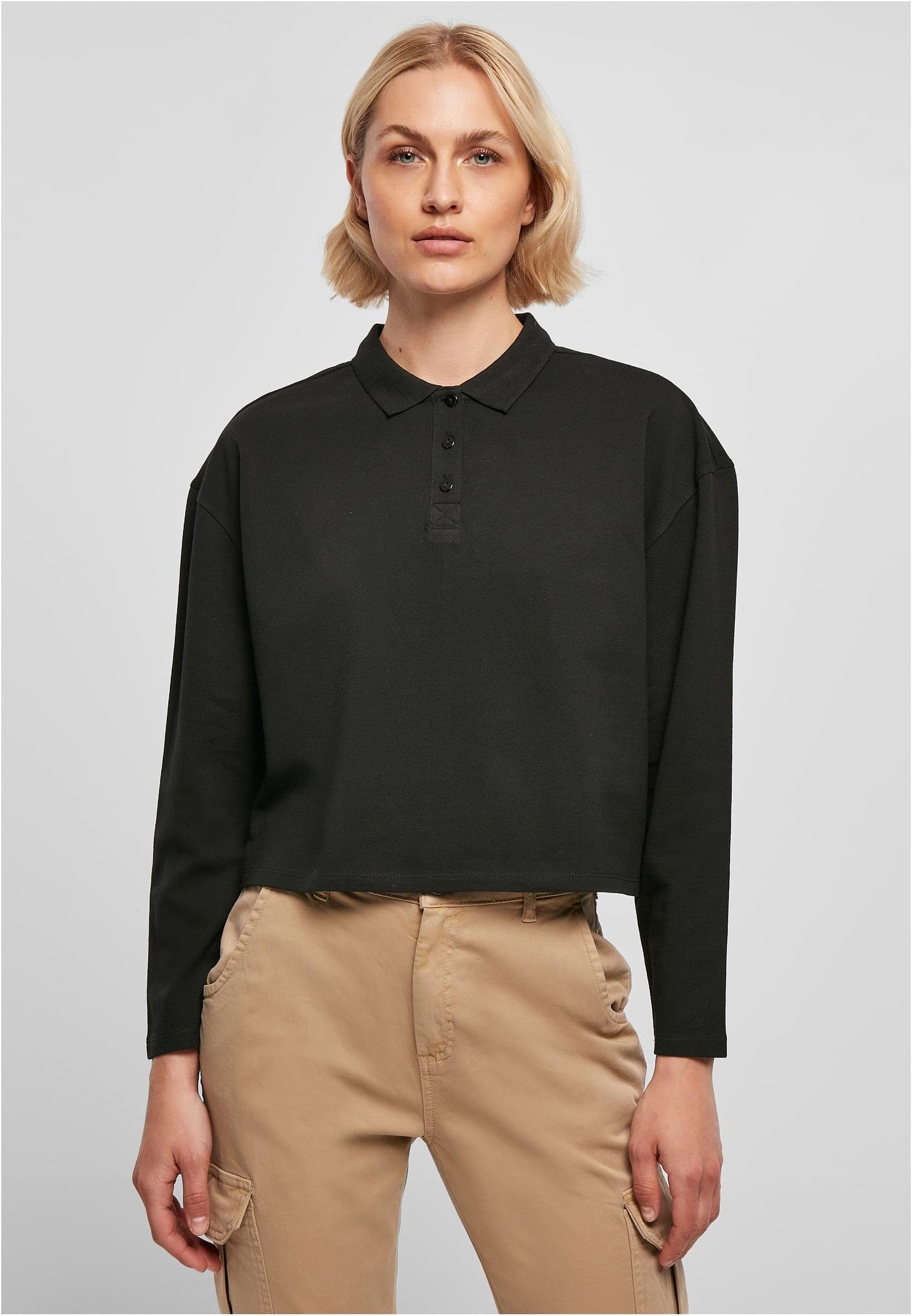 URBAN CLASSICS Langarmshirt Damen Baumwollmischung angenehmer Stylisches Oversized aus (1- Short Ladies T-Shirt tlg), Longsleeve Polo