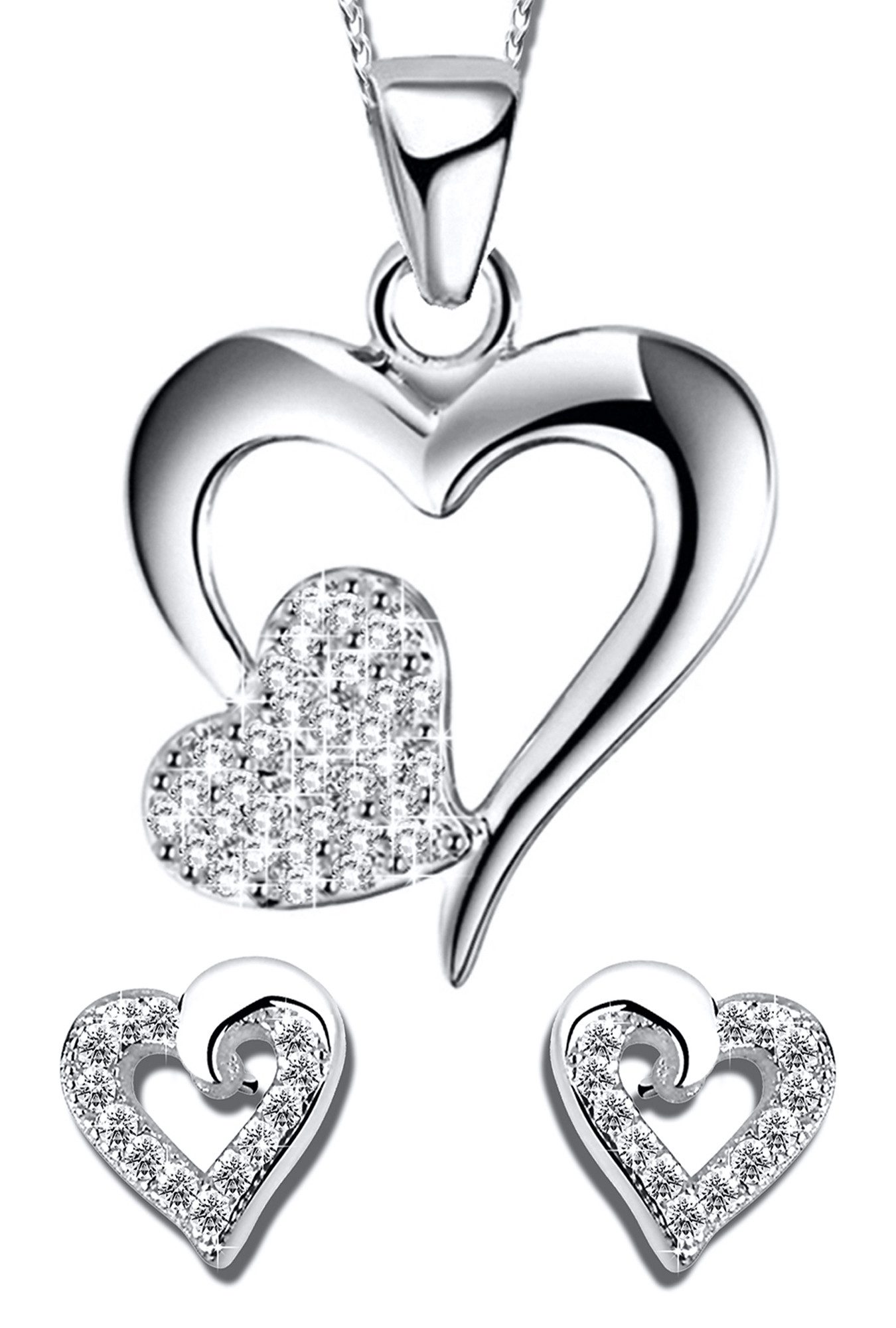 Schmuckset Herz Kette mit Ohrringe 925 Silber Herzkette Ohrstecker Set Damen