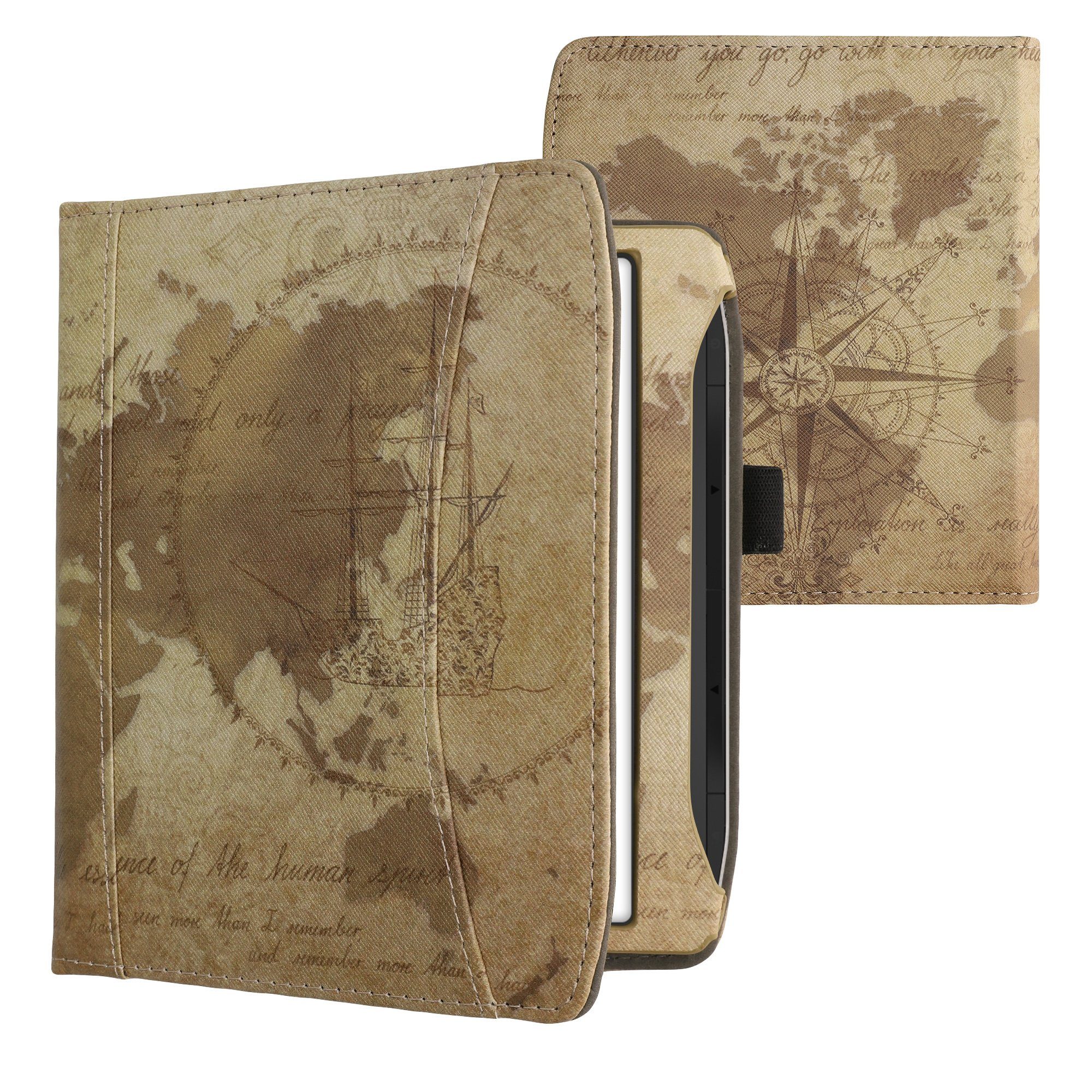 kwmobile E-Reader-Hülle Schutzhülle für Pocketbook Era / Era Color, Vorderfach Handschlaufe - Travel Vintage Design
