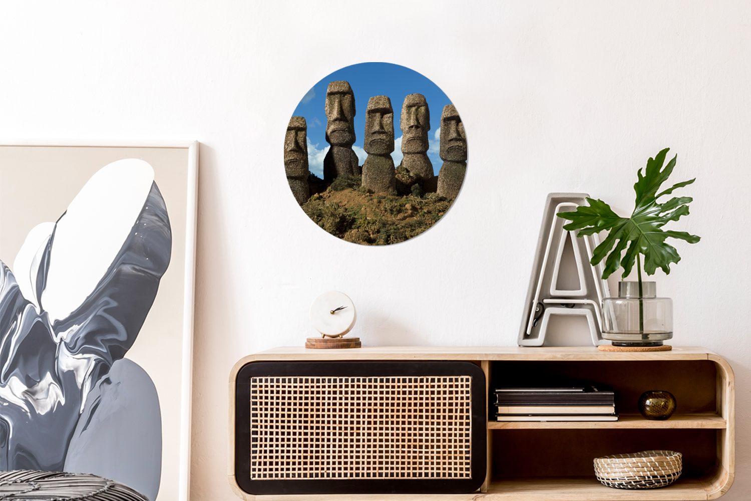 Wandbild, 30x30 Moai-Statuen Rundes Osterinsel, (1 der Wohnzimmer, cm auf Fünf St), Kreis Wanddekoration MuchoWow Forex, Gemälde