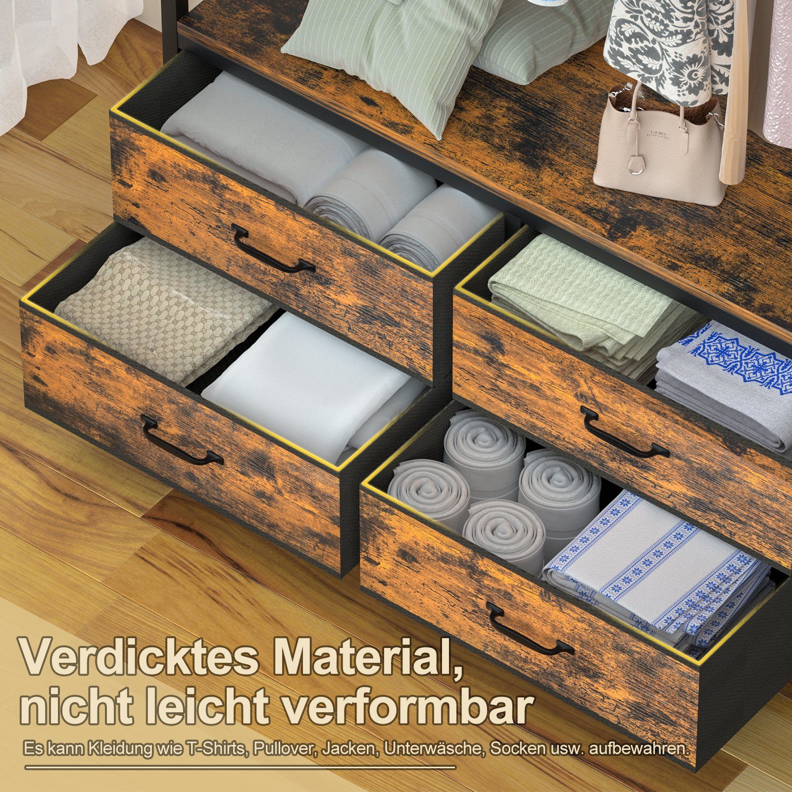 Yorbay Kleiderständer Garderobenständer Kleiderständer 100 x 40 x 180 cm, (Aus MDF und Stahl, mit Kleiderstange, Ablagen, 4 Schubladenboxen), Offener Kleidersch – Bild 4 von 5