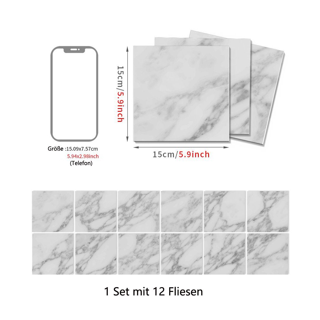 Agger Wandfliese Fliesenaufkleber Marmor 12 Stück 15x15 cm, selbstklebende Fliesen-Folie, 15x15, Marmor Weiß/Grau-a, für Bad & Küche, entfernbare Klebe-Folie