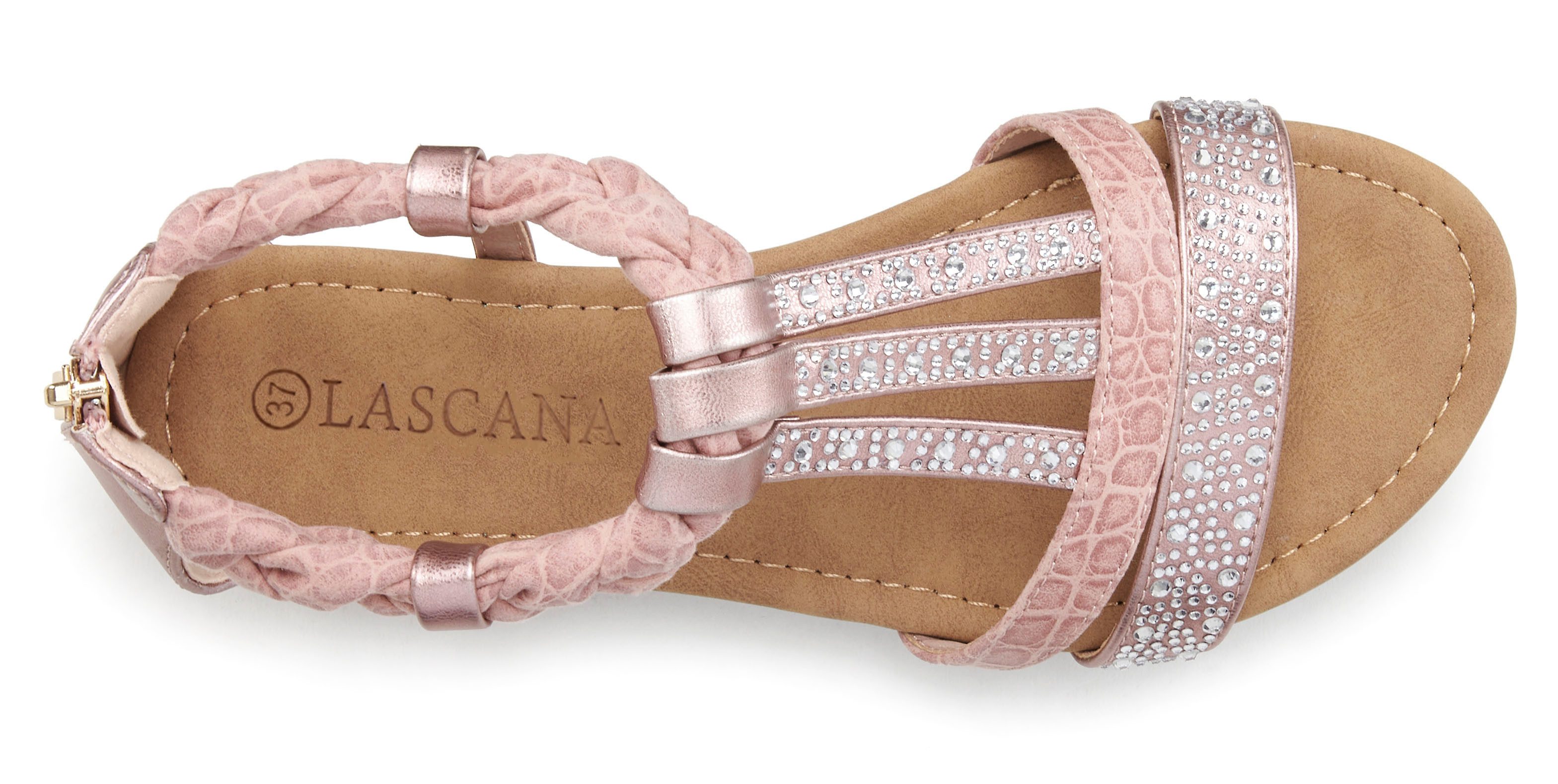 LASCANA Sommerschuh, Sandalette Sandale mit Glitzersteinen und kleinem Keilabsatz im Festival-Look VEGAN