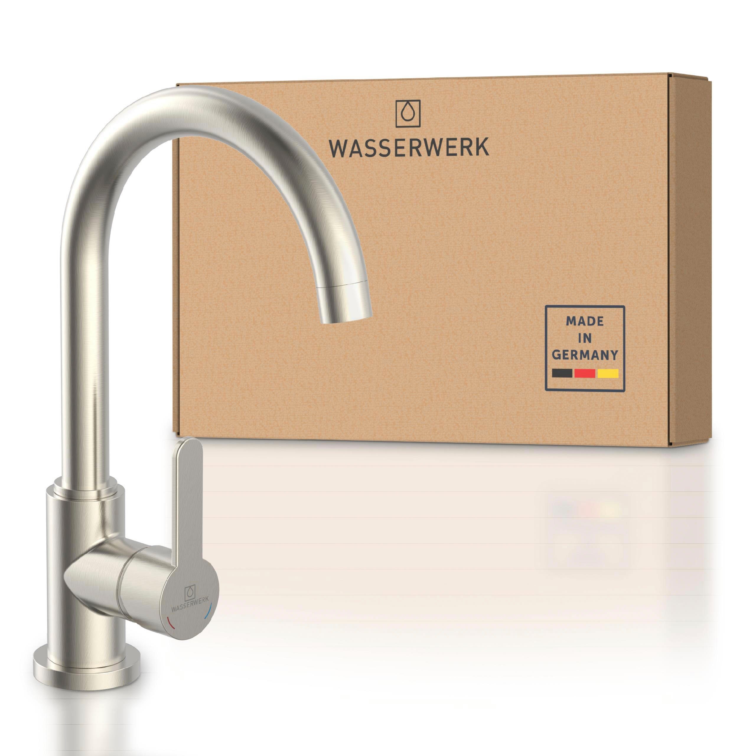 Einhebelmischer Küche, schwenkbar, WASSERWERK 360° Edelstahloptik Spültischarmatur geräuscharm WK Wasserhahn, Cold-Start-Funkt., 5,