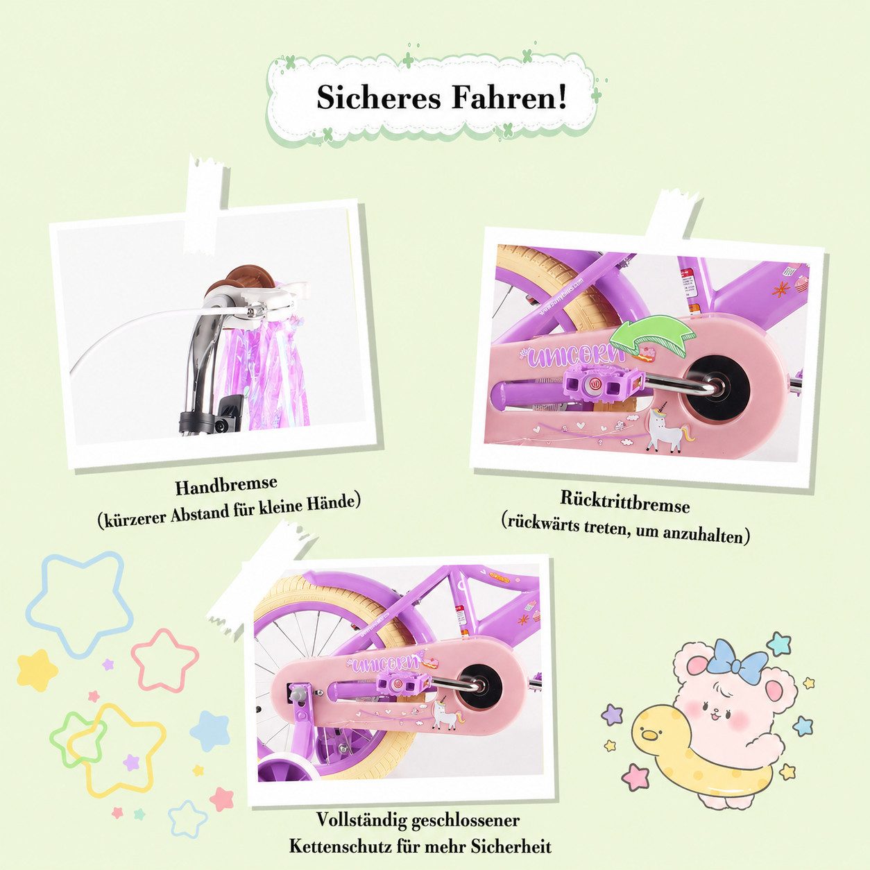 RULLY Kinderfahrrad Kinderfahrrad Mädchen 12/14/16 Zoll für 2–7 Jahre mit Stützrädern, 1 Gang, Mit Korb, Puppensitz, Stützrädern, Schutzblechen & Glocke