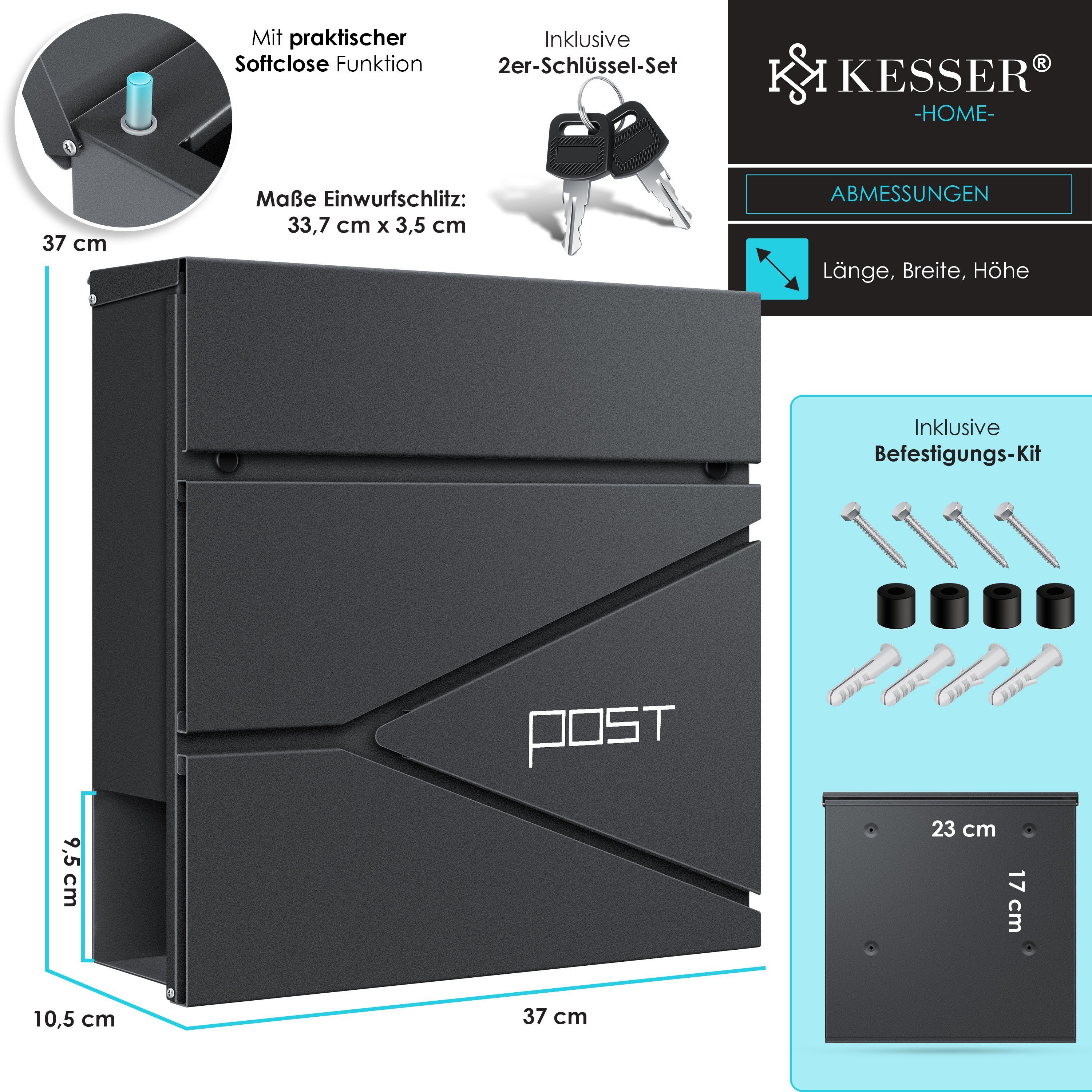 KESSER Briefkasten, schwarz Wandmontage Wandbriefkasten Zeitungsfach Edelstahl mit
