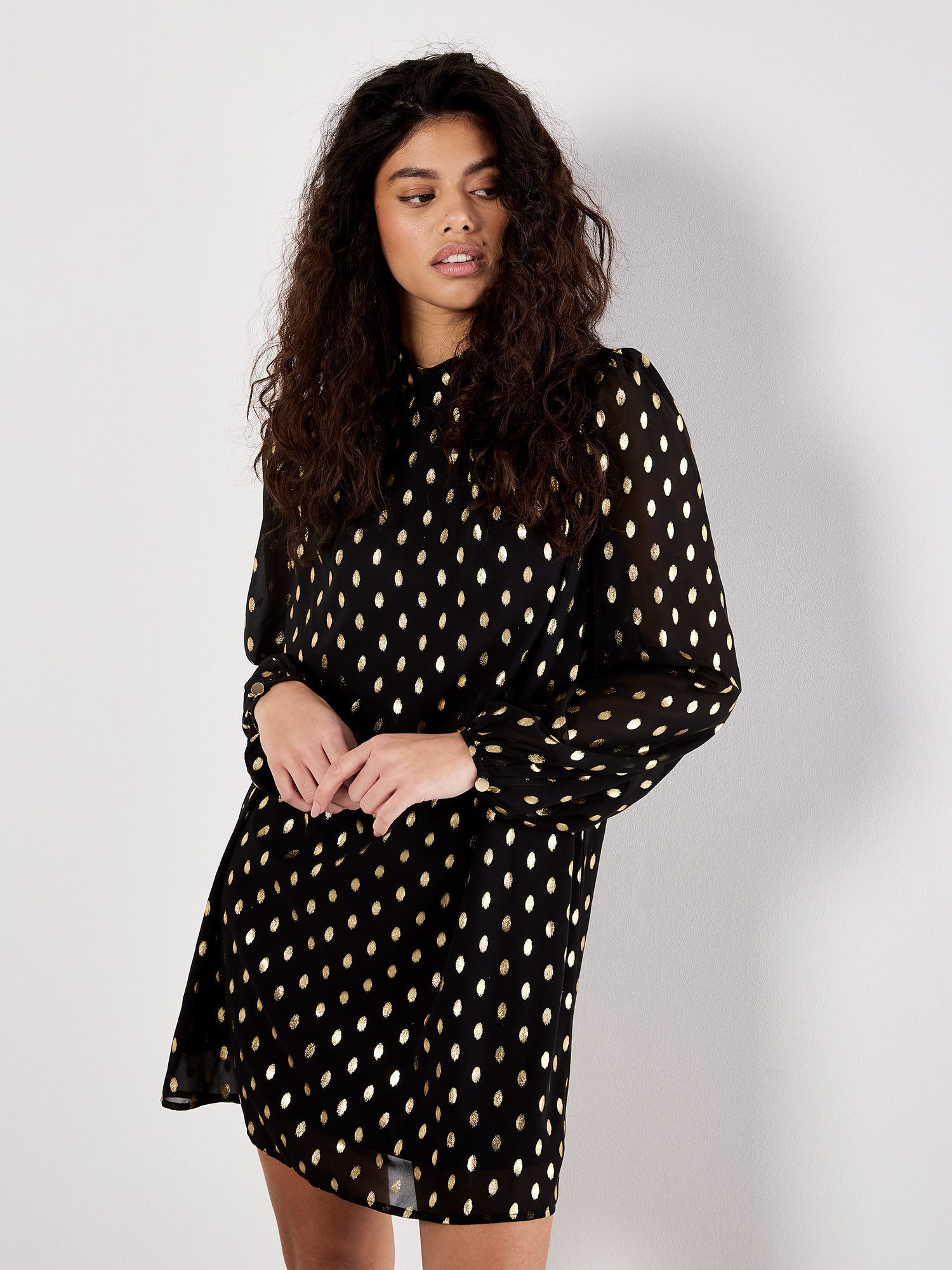 Apricot Chiffonkleid Minikleid mit Goldfoliendruck günstig online kaufen