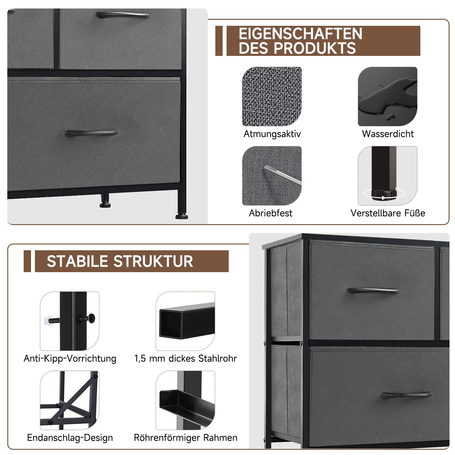 Refined Living Kommode Schubkastenkommode mit 5 Schubladen Stoffkommode stabilem Stahlrahmen (Sideboards mit Holzplatte und leicht zu ziehendem Griff für Schränke, Große Kapazität, Aufbewahrung von Kinder- und Erwachsenenkleidung), wasserdicht Geeignet für Wohnzimmer, Kinderzimmer, Flur, Schlafzimmer