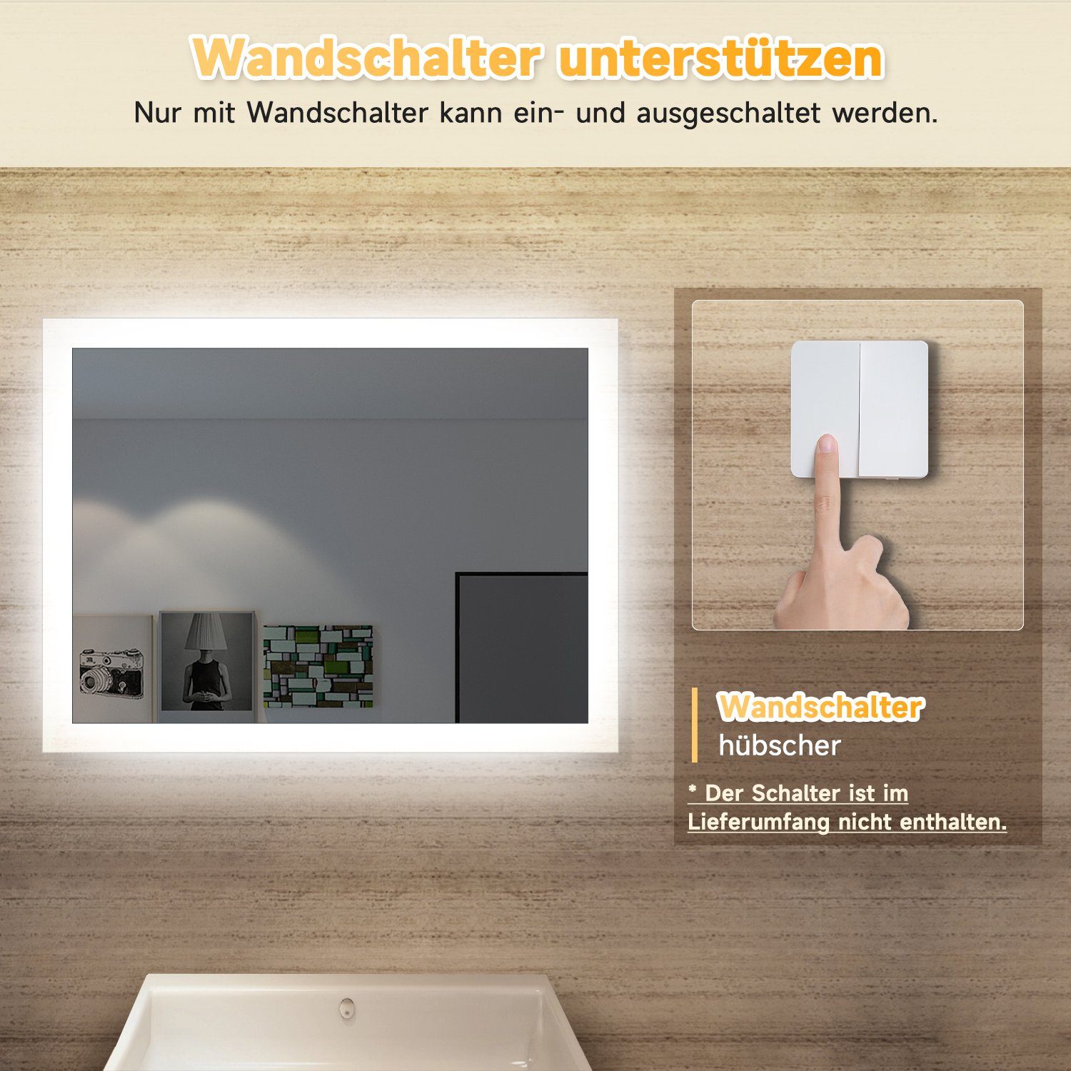 SONNI Schminkspiegel Lichtspiegel 50x60cm mit LED Beleuchtung Kaltweiß Wandschalter, Schminkspiegel,Badspiegel,Wandspiegel
