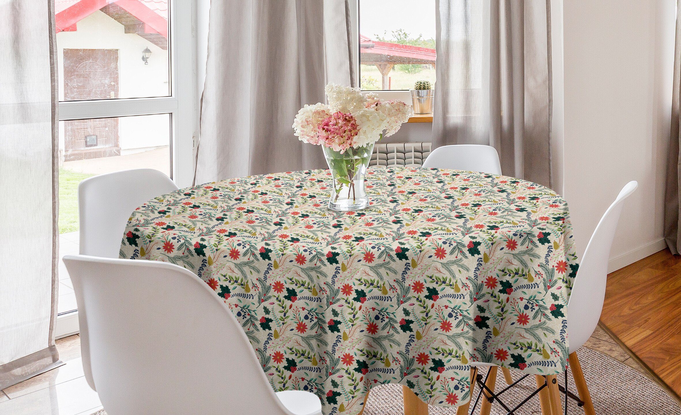 Beeren Blätter Kreis Abdeckung Foliage Abakuhaus Dekoration, Küche Esszimmer Motive für Tischdecke Tischdecke Holly