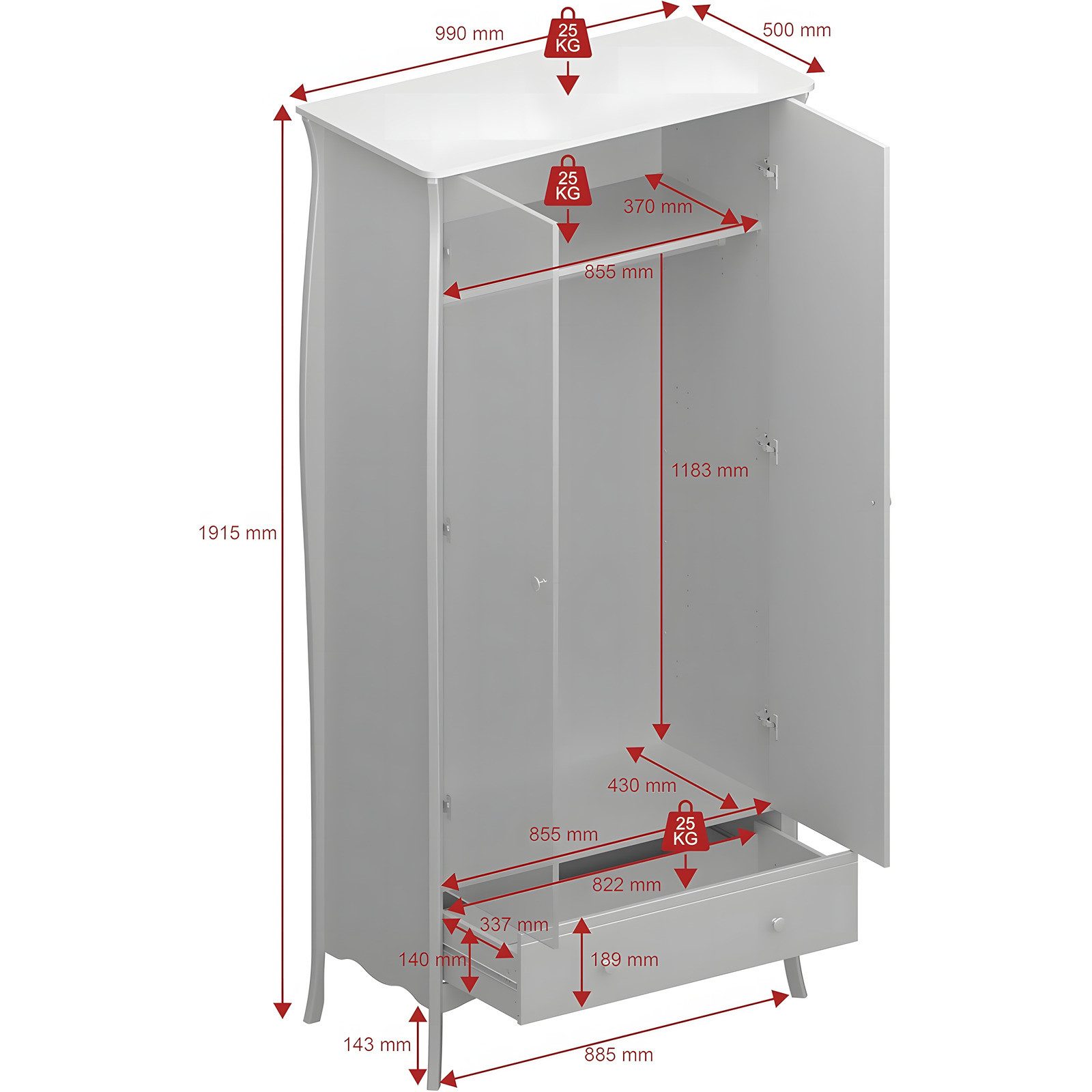 ebuy24 Kleiderschrank Simon Kleiderschrank 1 Schublade 2 Türen grau.