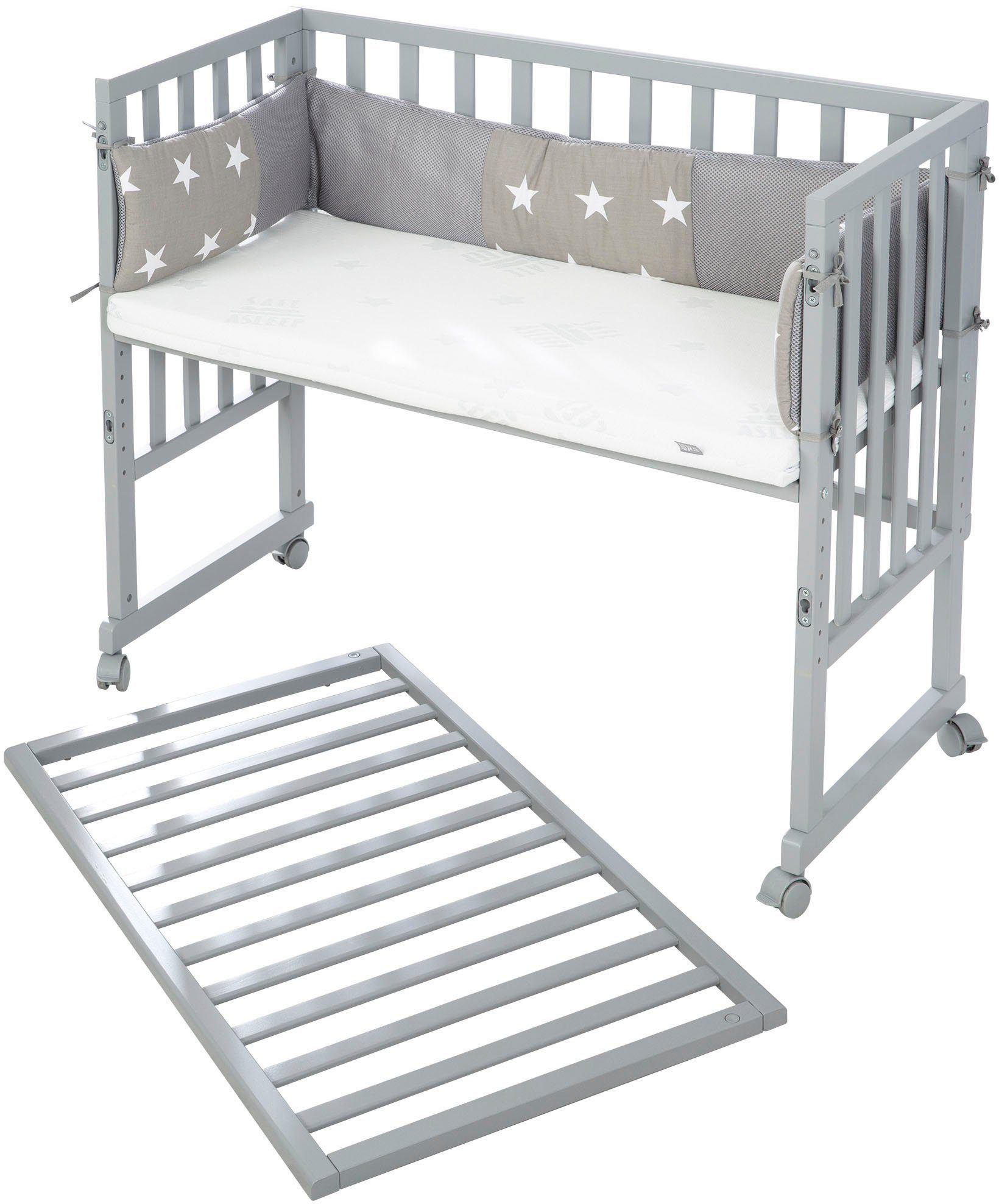 roba® Stubenbett Safe Asleep® 2in1, taupe, Little Stars, mit 4 Rollen, Matratze, Nestchen und Sicherheitsbarriere