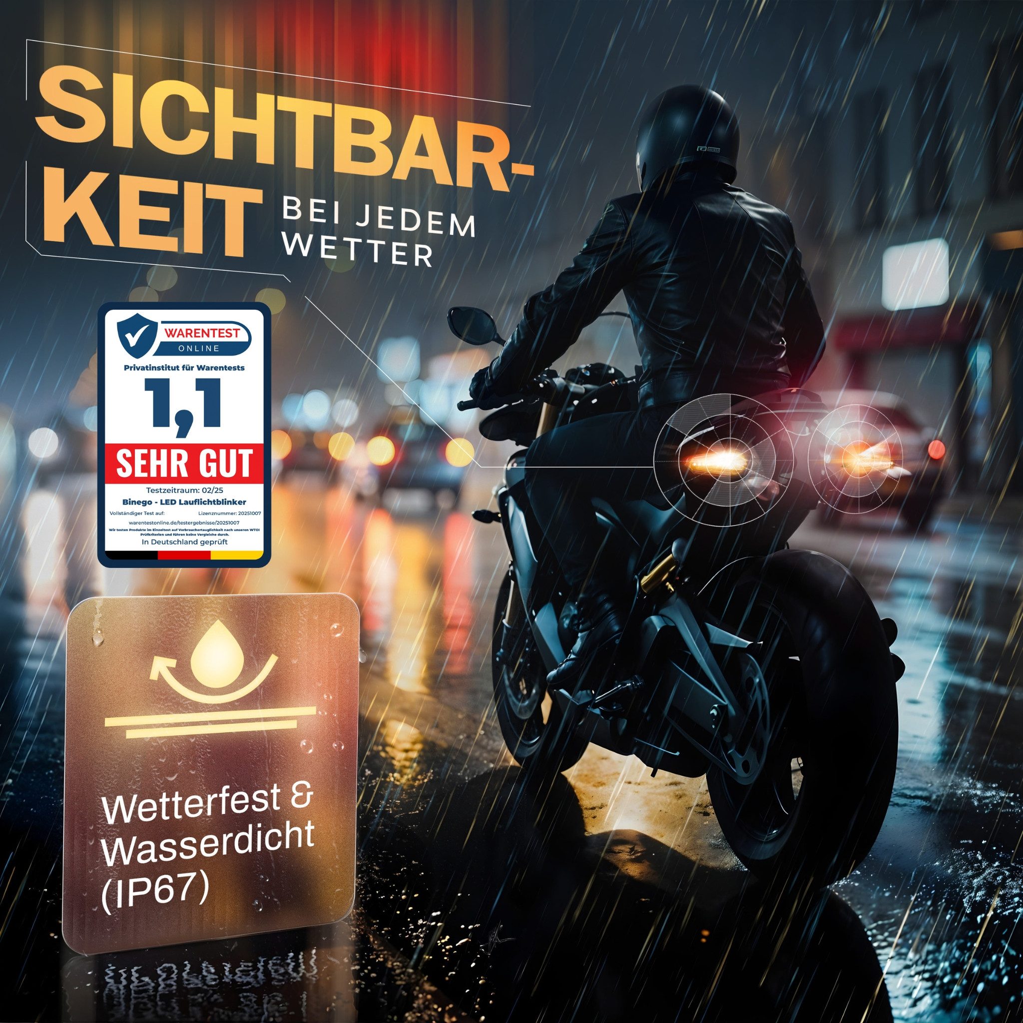 Binego Blinker LED Motorrad E Geprüft Mini Getönt Lauflicht Universell, Lauflicht, LED fest integriert, Gelb, Lauflicht, getöntes Blinkerglas