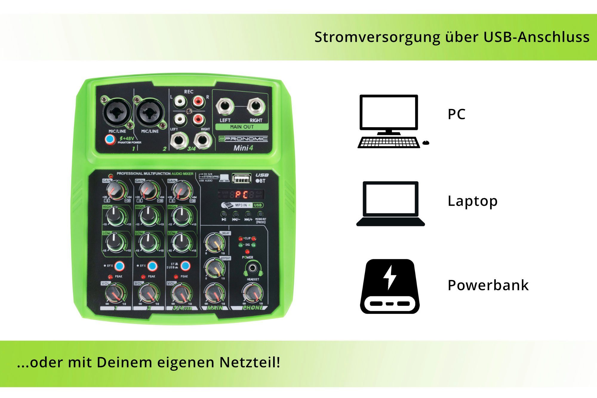 Pronomic Mischpult Mini4 USB-betriebener 4-Kanal Mixer, (2-tlg), mit Medienplayer/-recorder mit Bluetooth und USB - Audio-Interface – Bild 4 von 5