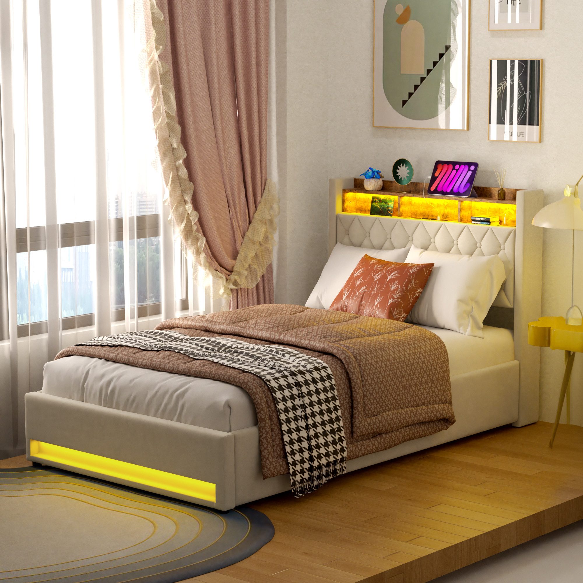 OKWISH Polsterbett Bett (Doppelbett Jugendbett mit USB/Typ-C Ladeanschluss, 140x200cm mit RGB-LED-Beleuchtung, hydraulischem Stauraum), Hollandvelours, mit Knopfheftung, ohne Matratze