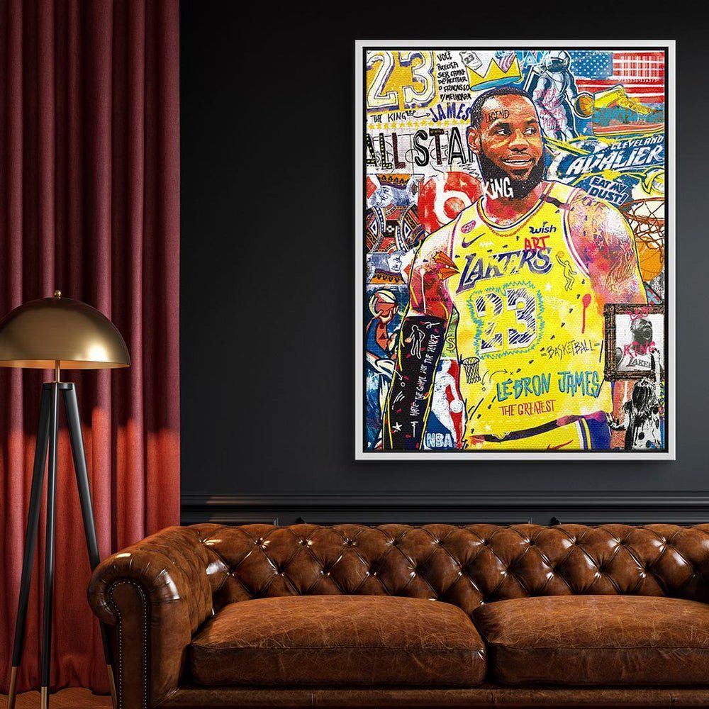 Pop Basketball Leinwandbild James Rahmen Leinwandbild, Lakers weißer LeBron DOTCOMCANVAS® Art Porträt Collage
