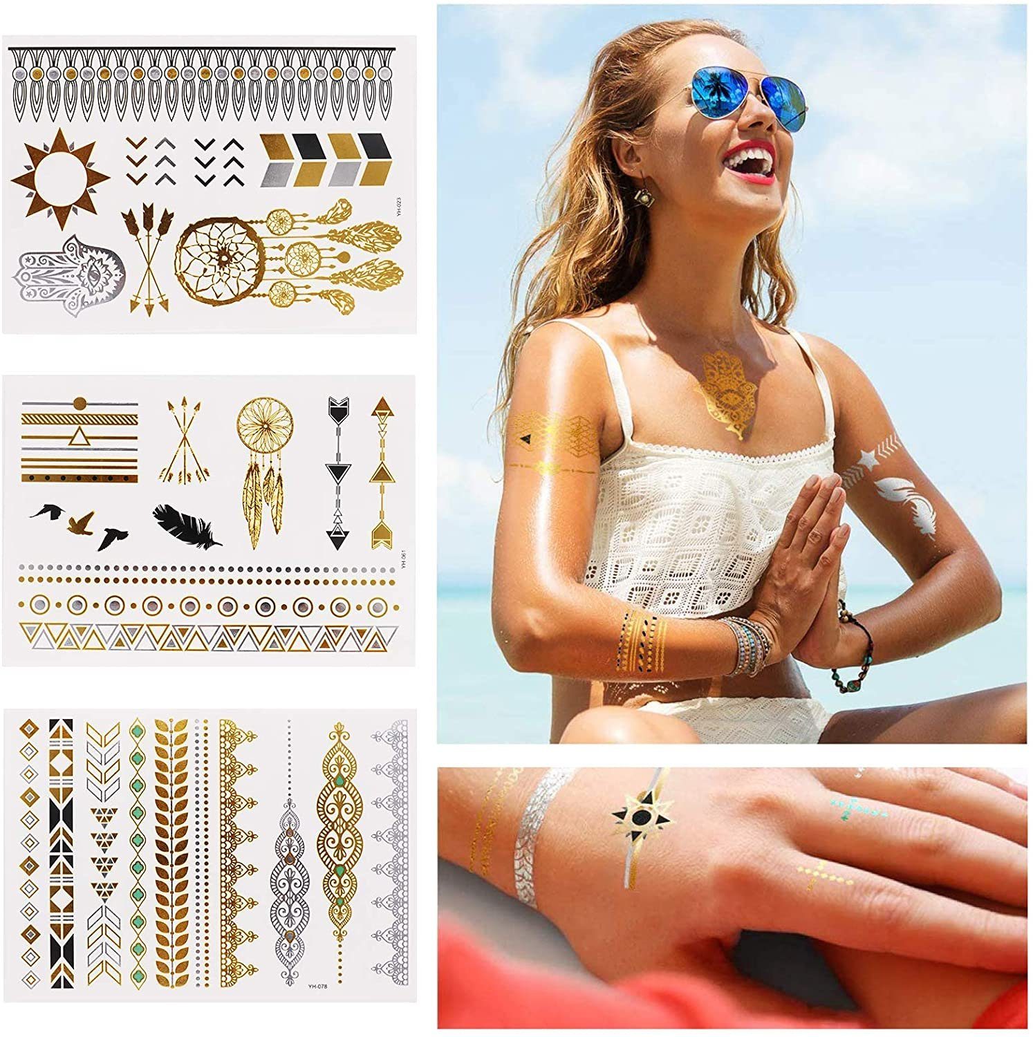 COOL-i ® Schmuck-Tattoo, 16er Set Metallic Flash Tattoos - Gold, Silber, Schwarz, Wasserdicht