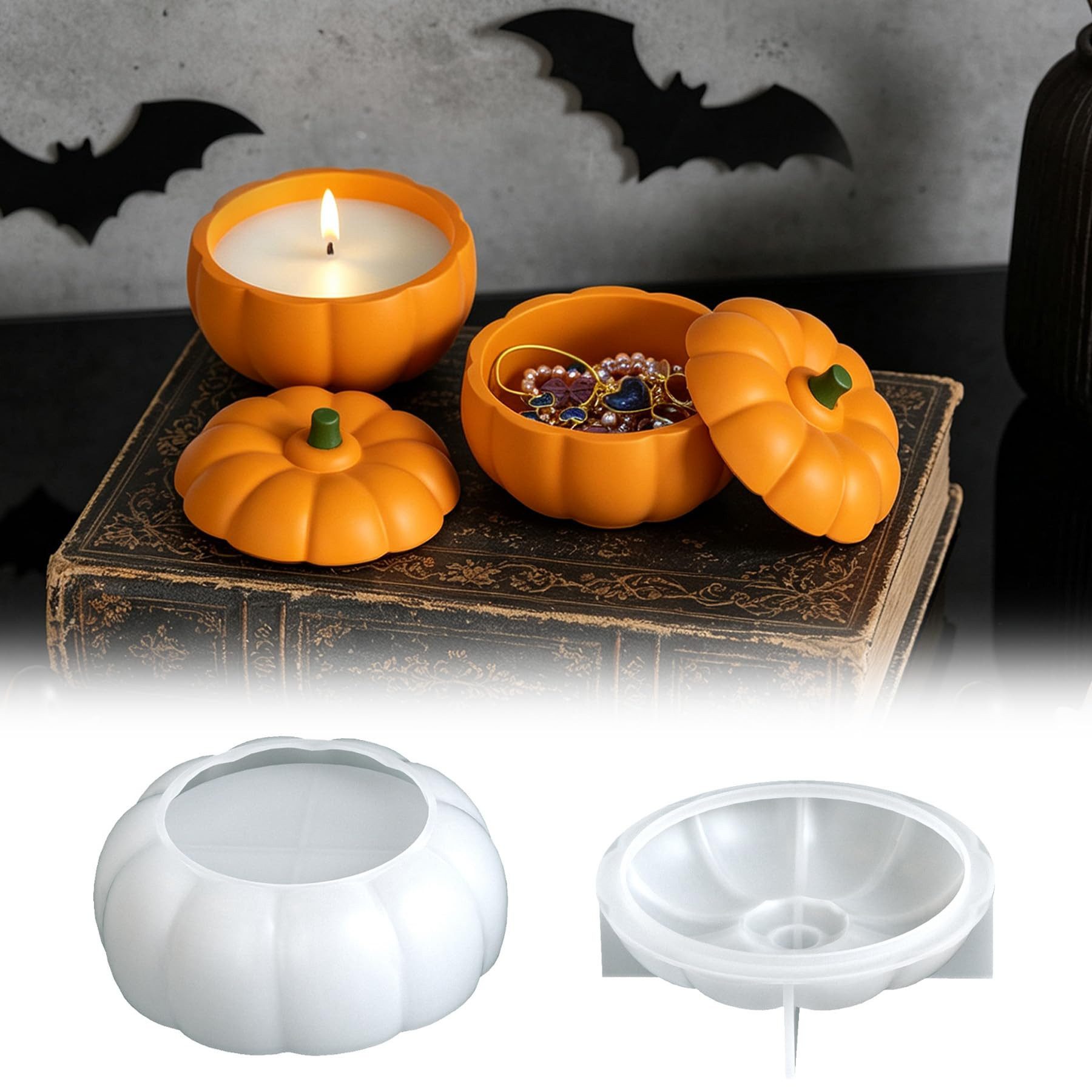 Diwzbyn Silikonform Kürbis Silikonformen, Halloween 3D Kürbis Gießform mit Deckel, (Aufbewahrungsbox Silikonformen 2-tlg), für Dekor, …