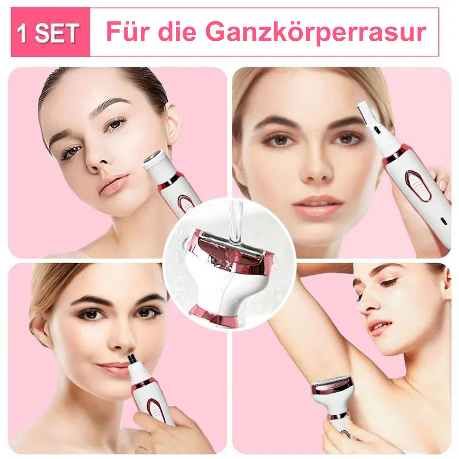 inschimmer Haarentferner-Set 4-In-1 Elektrischer Damenrasierer für Gesicht Bikinizone USB-Aufladung – Bild 4 von 5