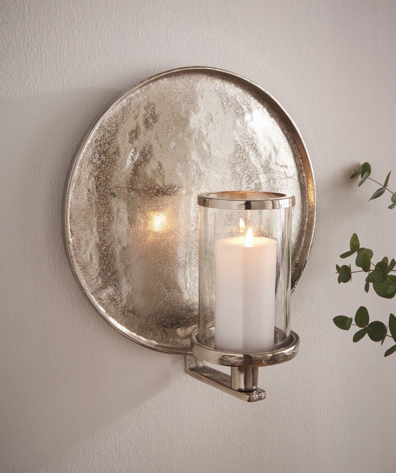 Dekoleidenschaft Wandkerzenhalter Wanddeko, Windlichtglas, in aus Kerzenhalter silber, "Noble" Aluminium mit Antik Glaswindlicht Kerzenwandhalter, Wand mit Optik
